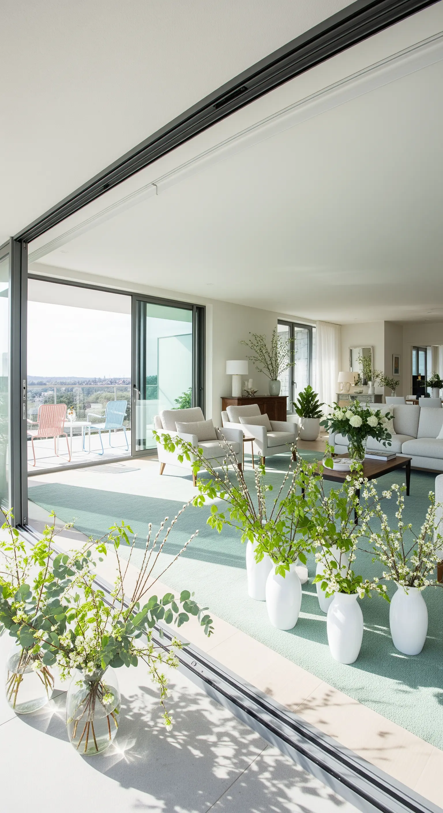 Frische Zweige mit Blüten in weißen Vasen, helles Wohnzimmer