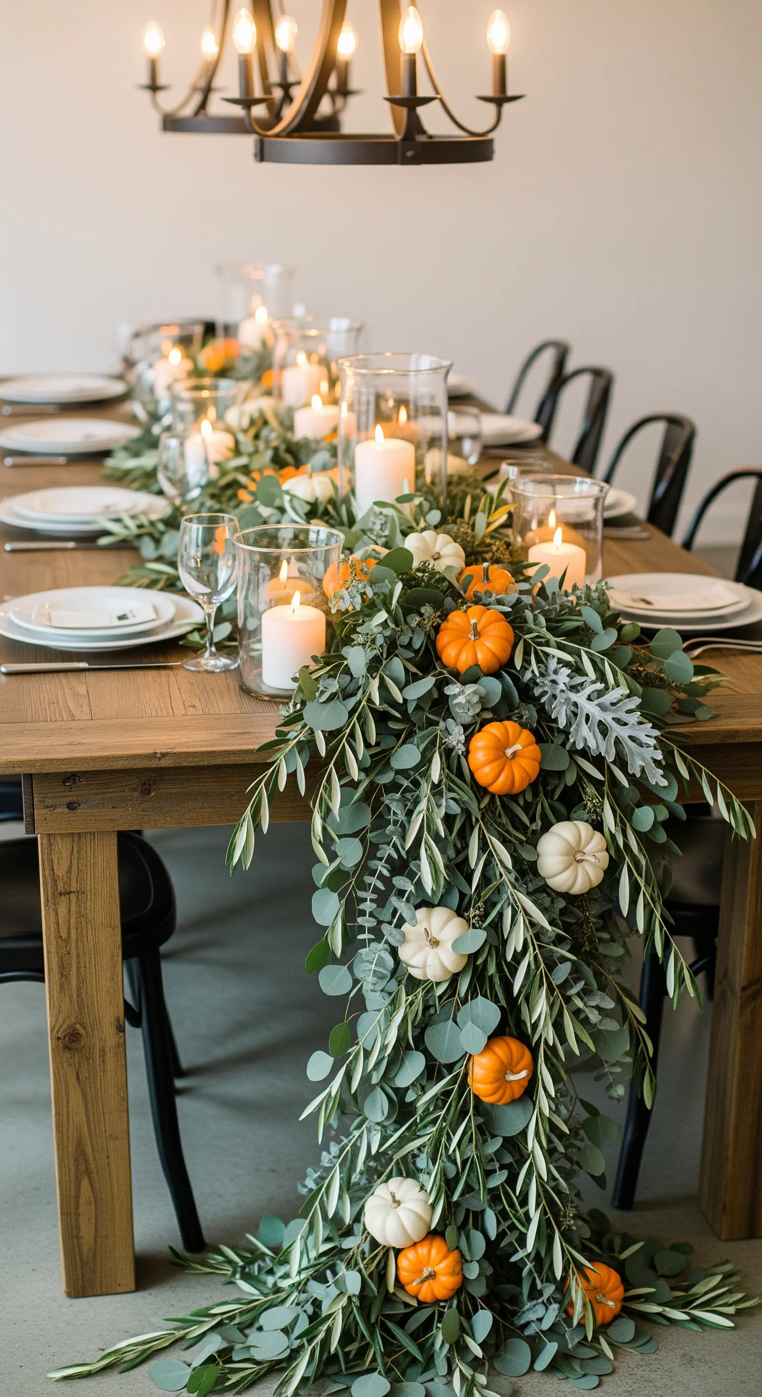 Üppige Eukalyptus-Girlande als Tischläufer mit kleinen Kürbissen und Kerzen.