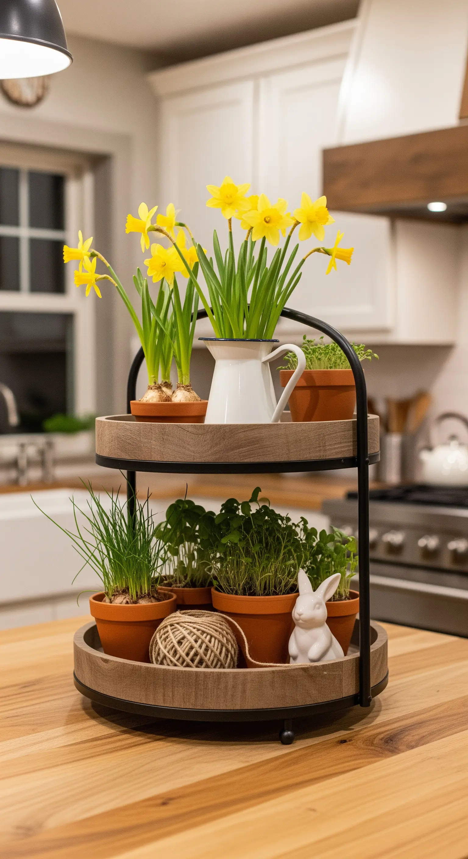 Rustikale Etagere mit Narzissen und frischen Küchenkräutern in Terrakottatöpfen