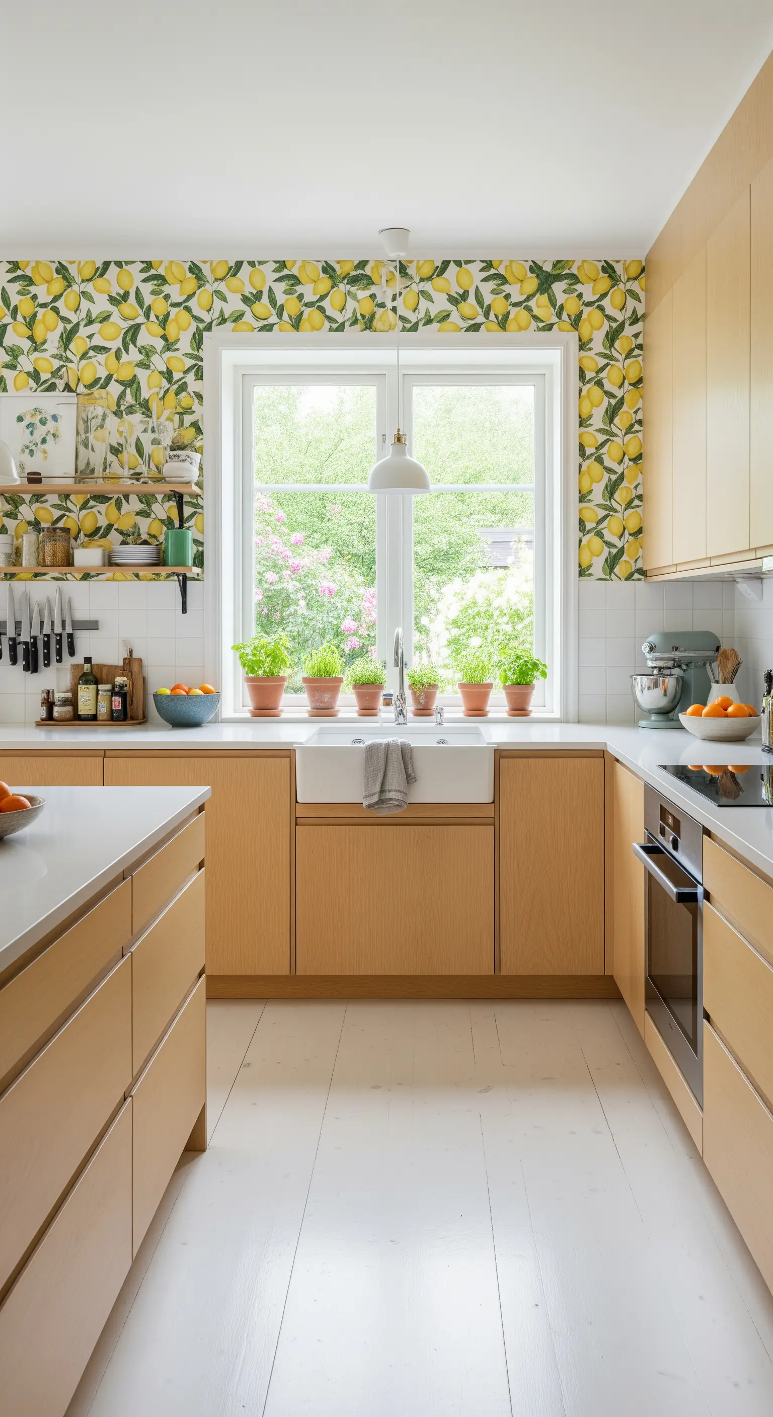 Küche mit Zitronen-Tapete, hellem Holz und grünen Pflanzen auf der Fensterbank.