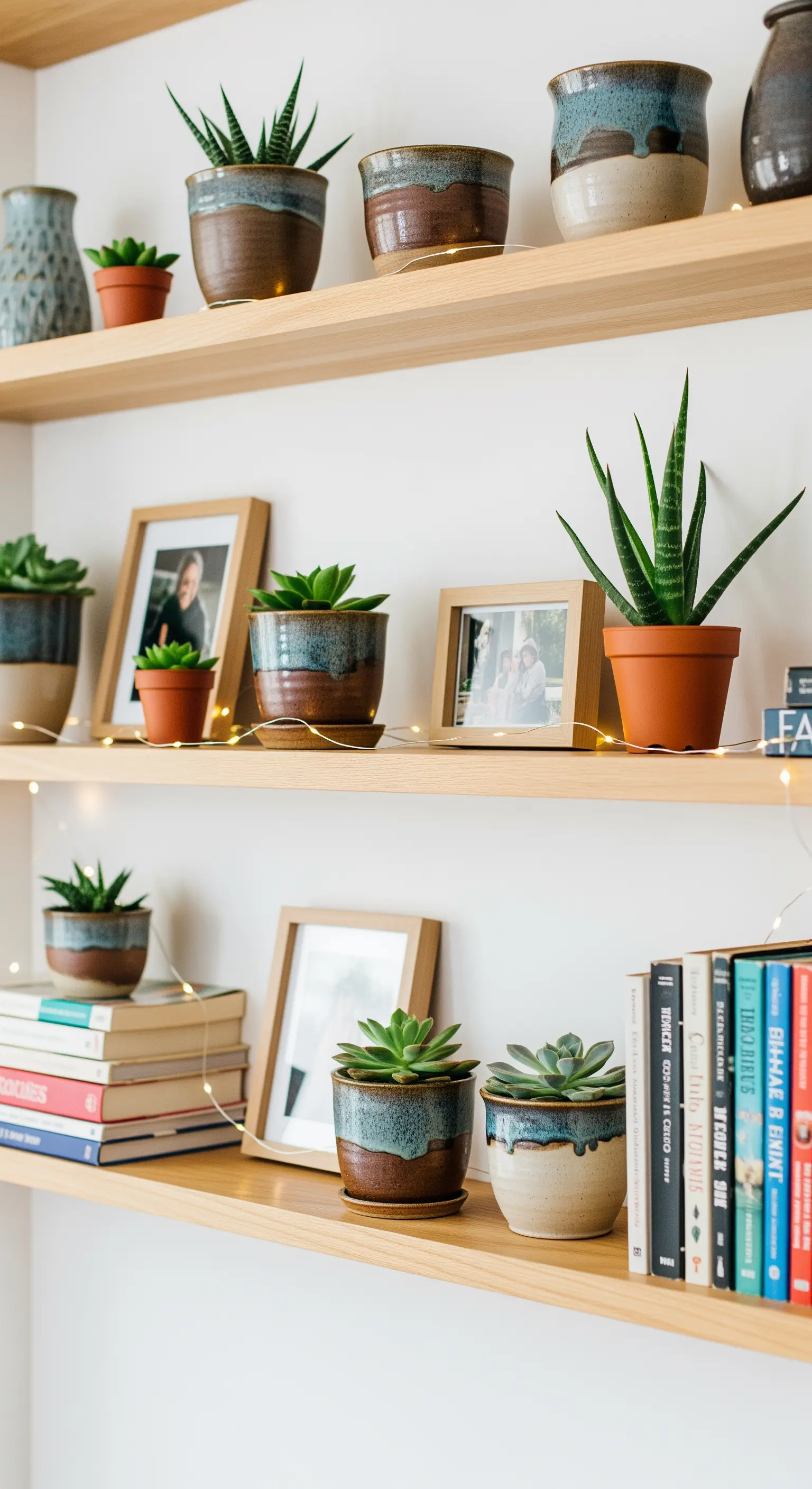 Offene Holzregale mit Sukkulenten, Bilderrahmen und handgemachter Keramik.