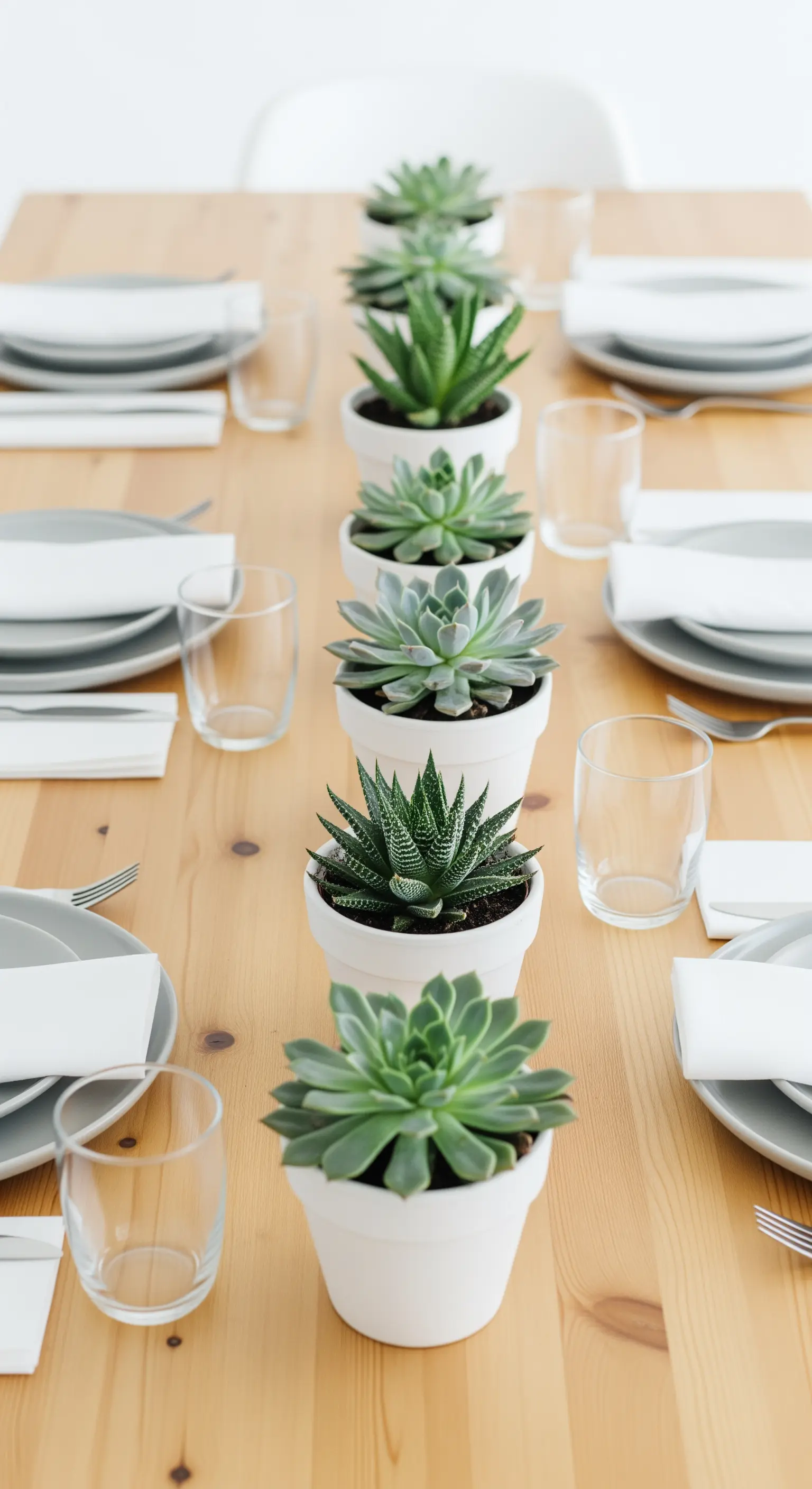 Eine lange Reihe kleiner, weißer Töpfe mit verschiedenen Sukkulenten als Tisch-Centerpiece.