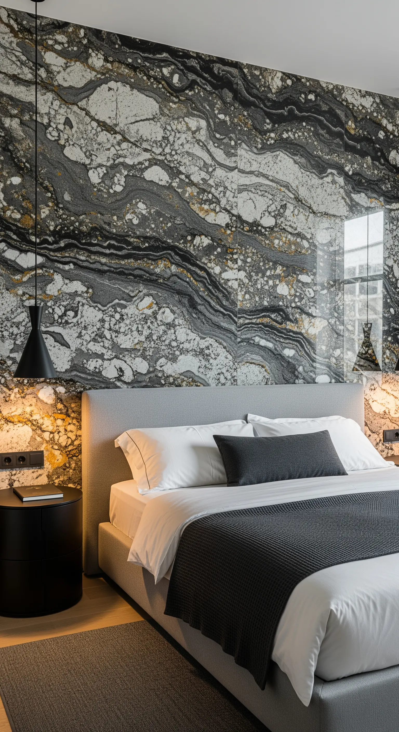 Schlafzimmer mit einer lebhaft gemusterten Akzentwand aus Naturstein hinter dem Bett.