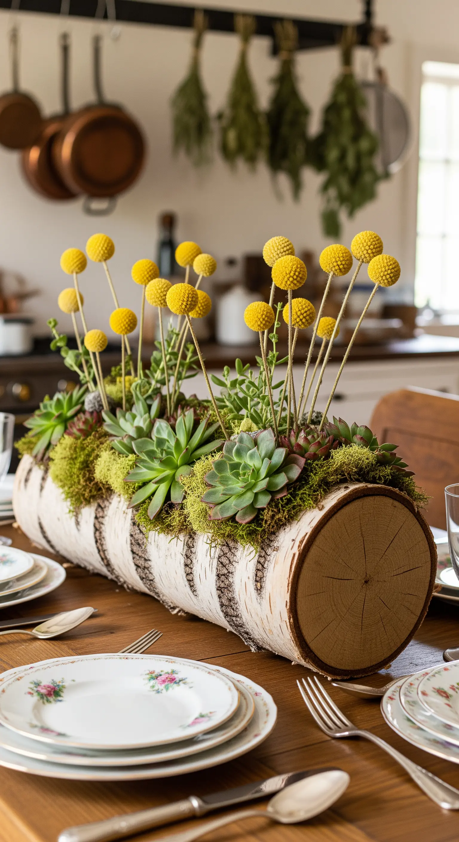 Birkenstamm-Pflanzgefäß, Sukkulenten, Craspedias und Moos als lebendige Tischmitte.