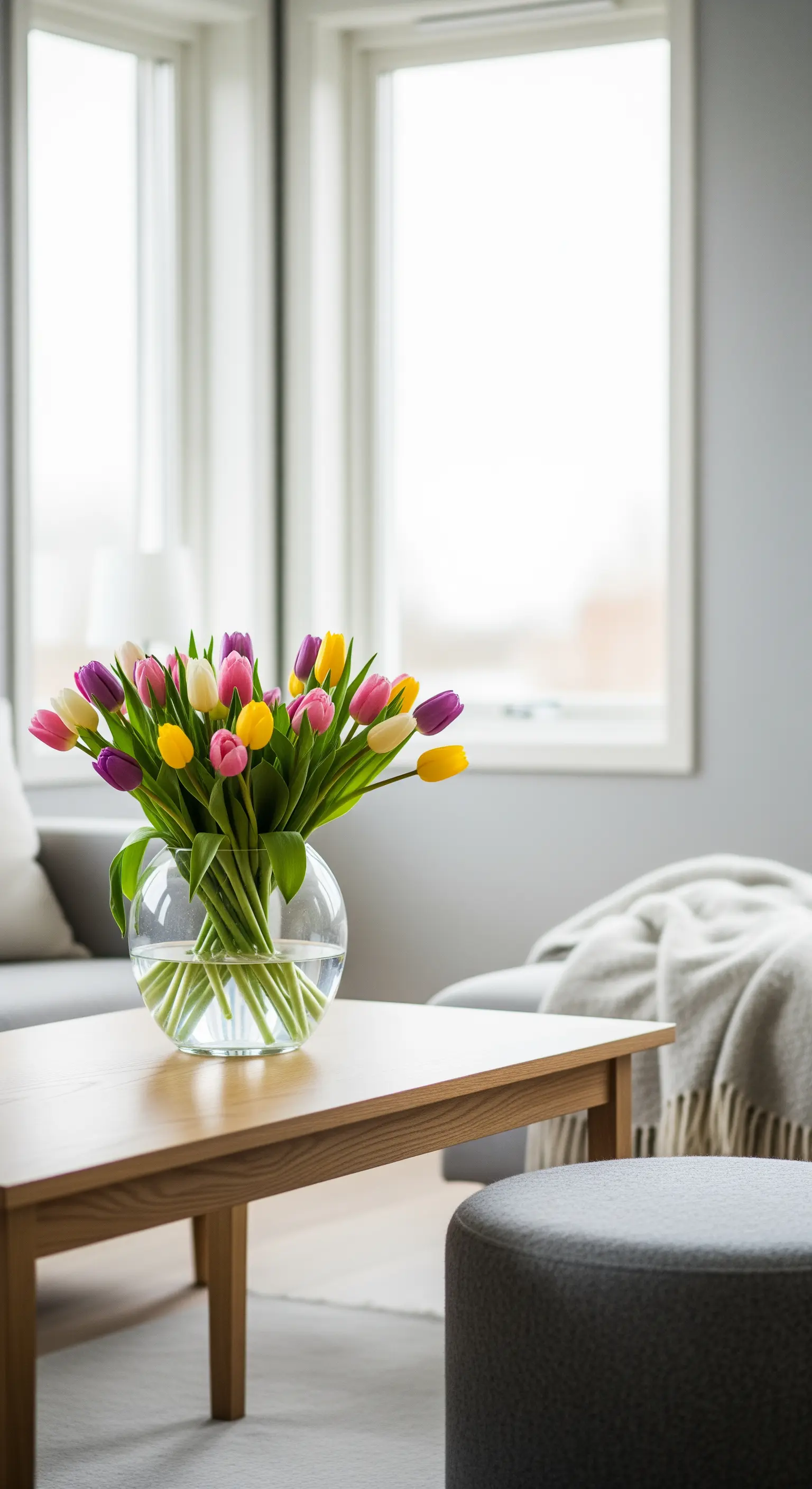 Holztisch mit runder Glasvase voller bunter Tulpen, graues Sofa