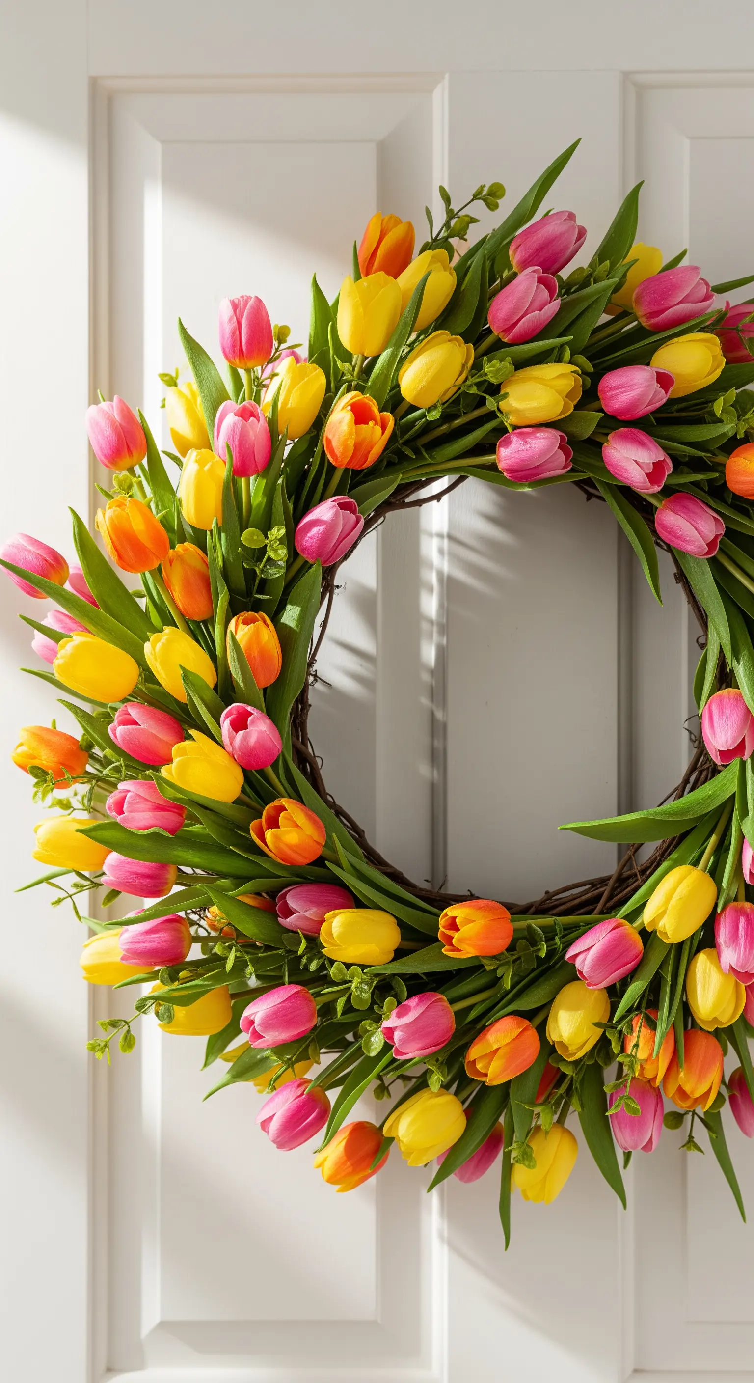 Üppiger Kranz aus künstlichen Tulpen in leuchtenden Frühlingsfarben auf weißer Tür.