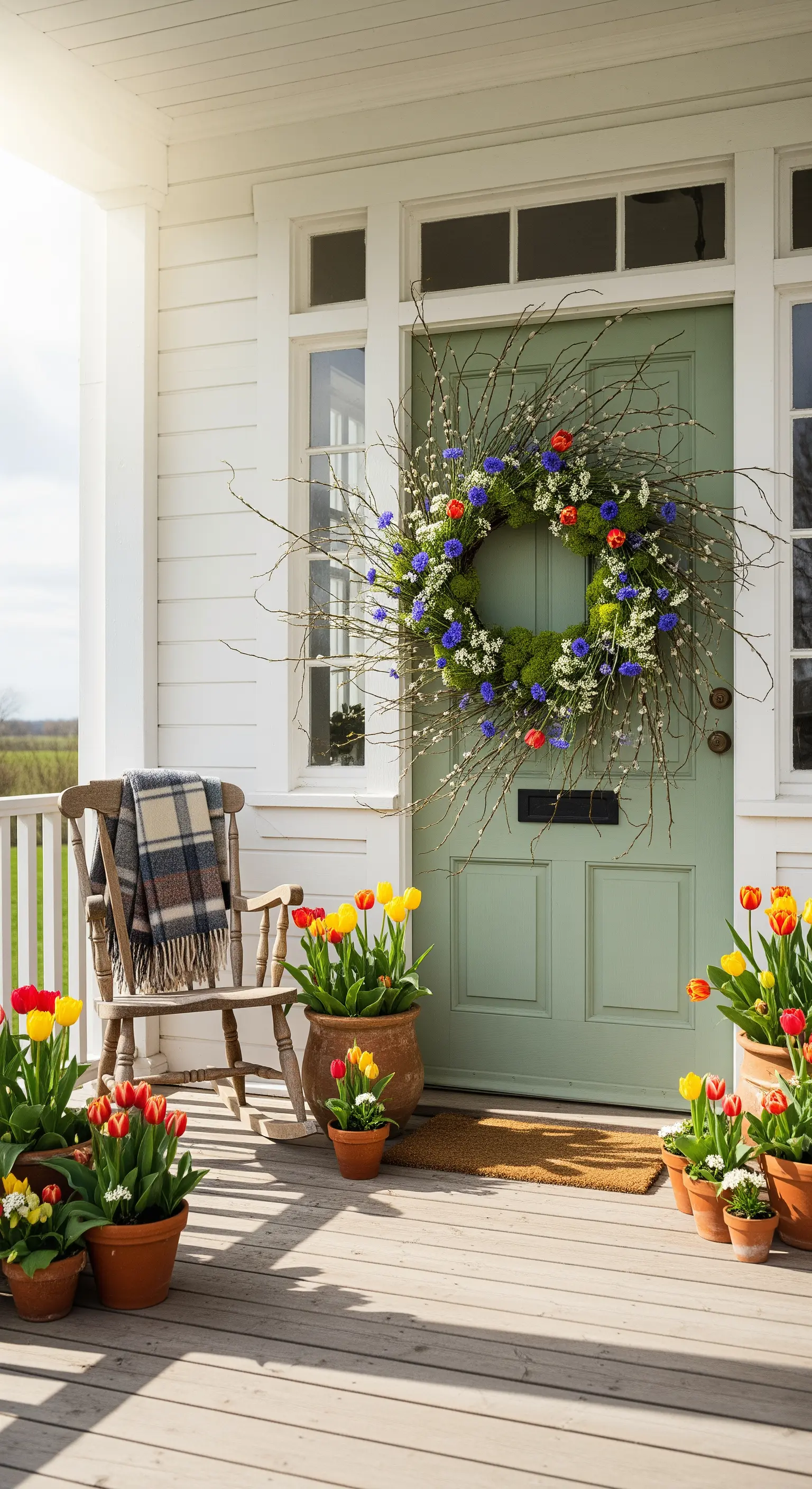 Üppiger Frühlingskranz und bunte Tulpen auf einer einladenden Veranda