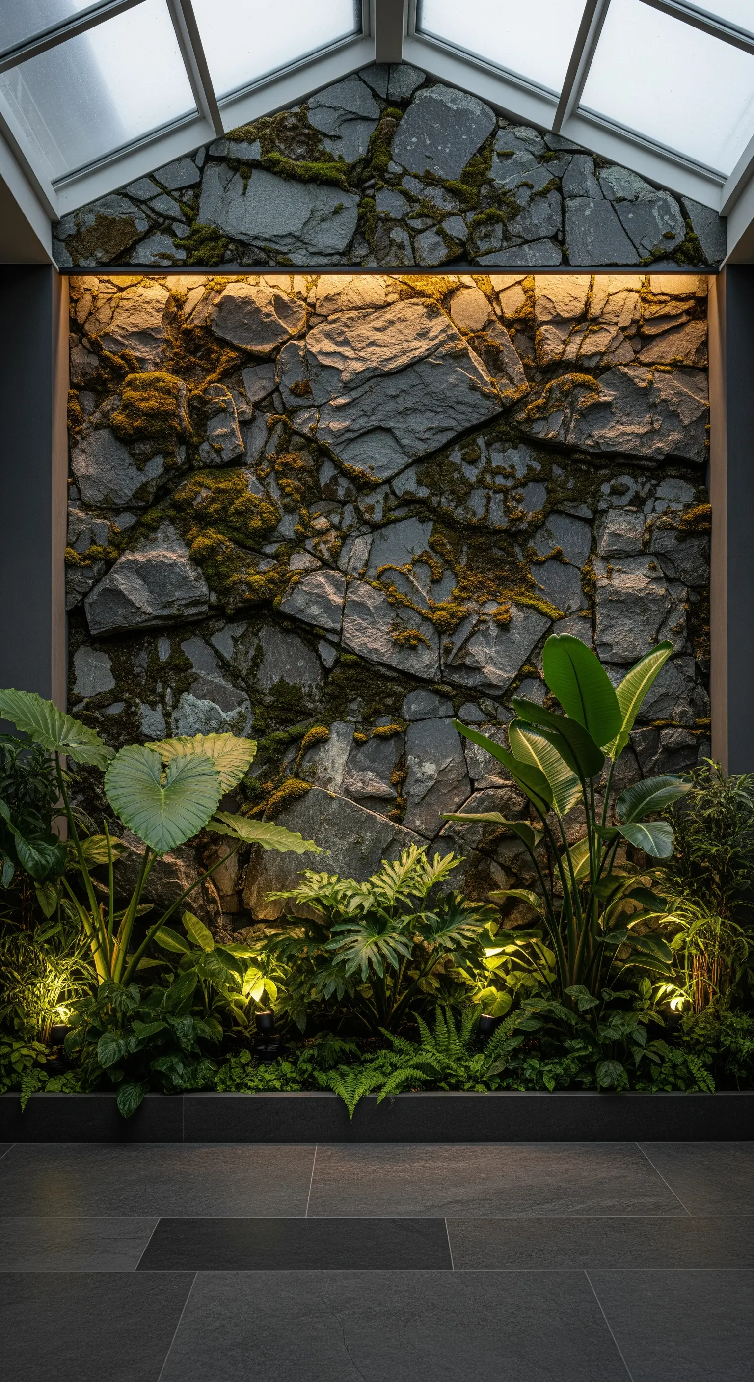 Innenraum-Steinwand mit Moos und tropischen Pflanzen, beleuchtet von unten.