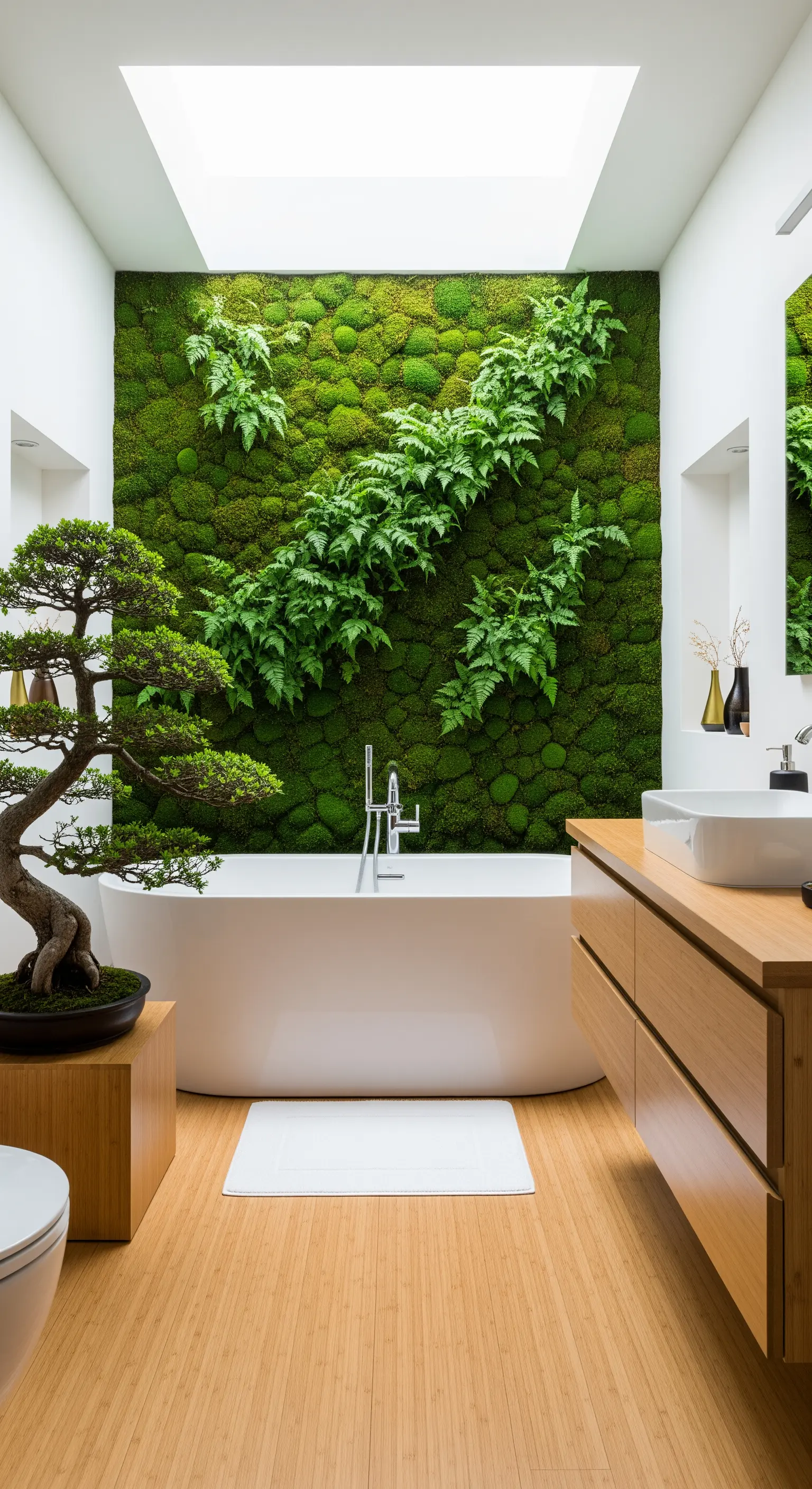 Badezimmer mit einer üppig grünen Mooswand, einem Bonsai-Baum und hellem Holz.