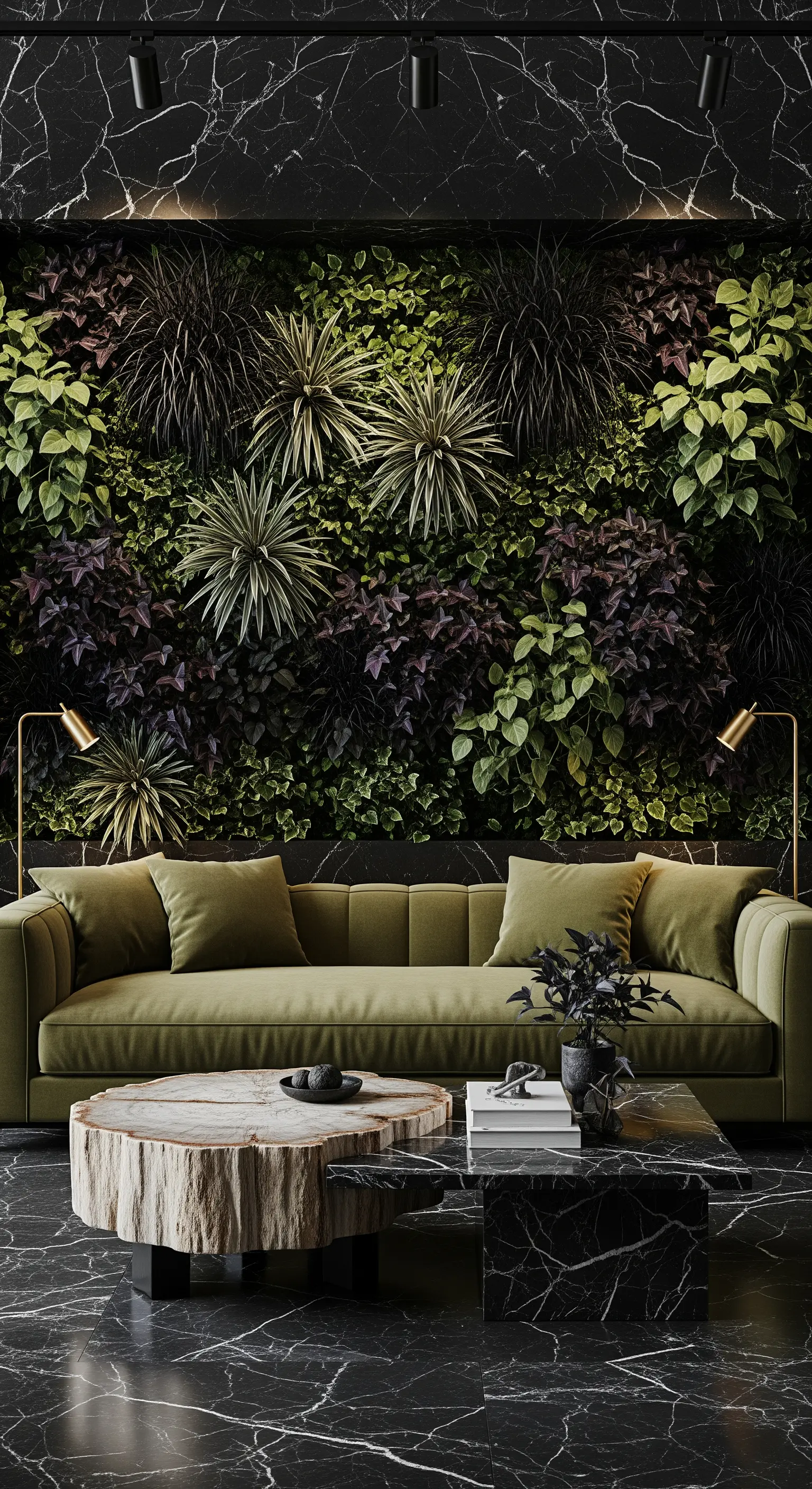 Vertikale Pflanzenwand als lebendiger Kontrast zu schwarzem Marmor.