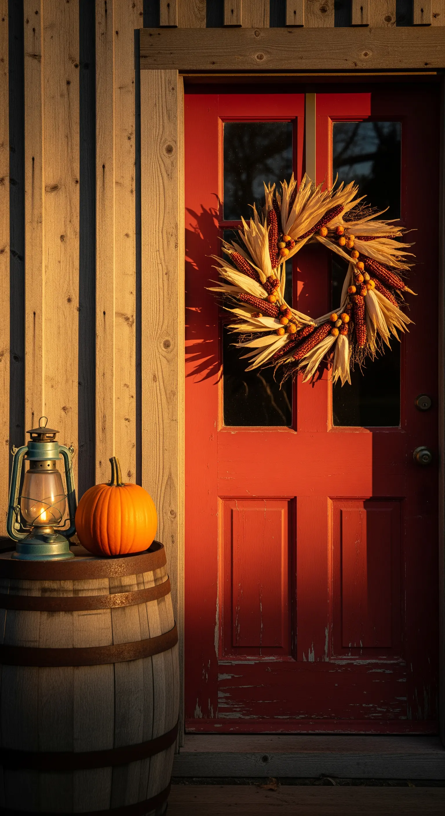Maiskolbenkranz an roter Tür, Holzfass mit Öllampe und Kürbis