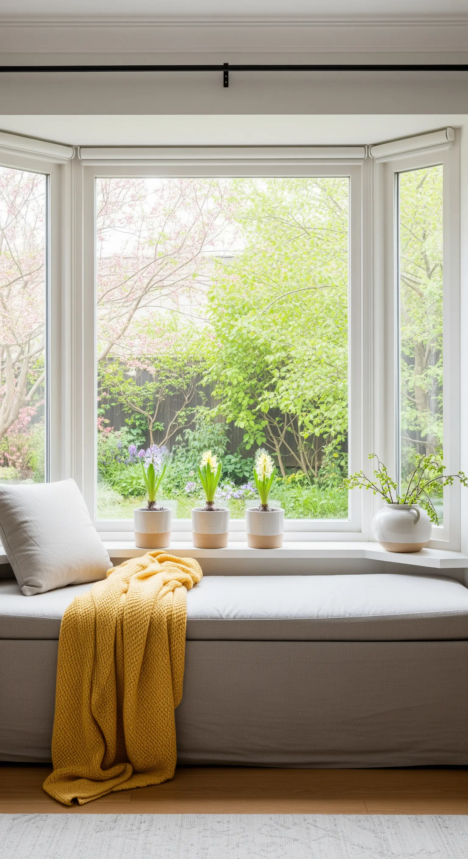 Drei Hyazinthen auf einer Fensterbank neben einem gelben Plaid.