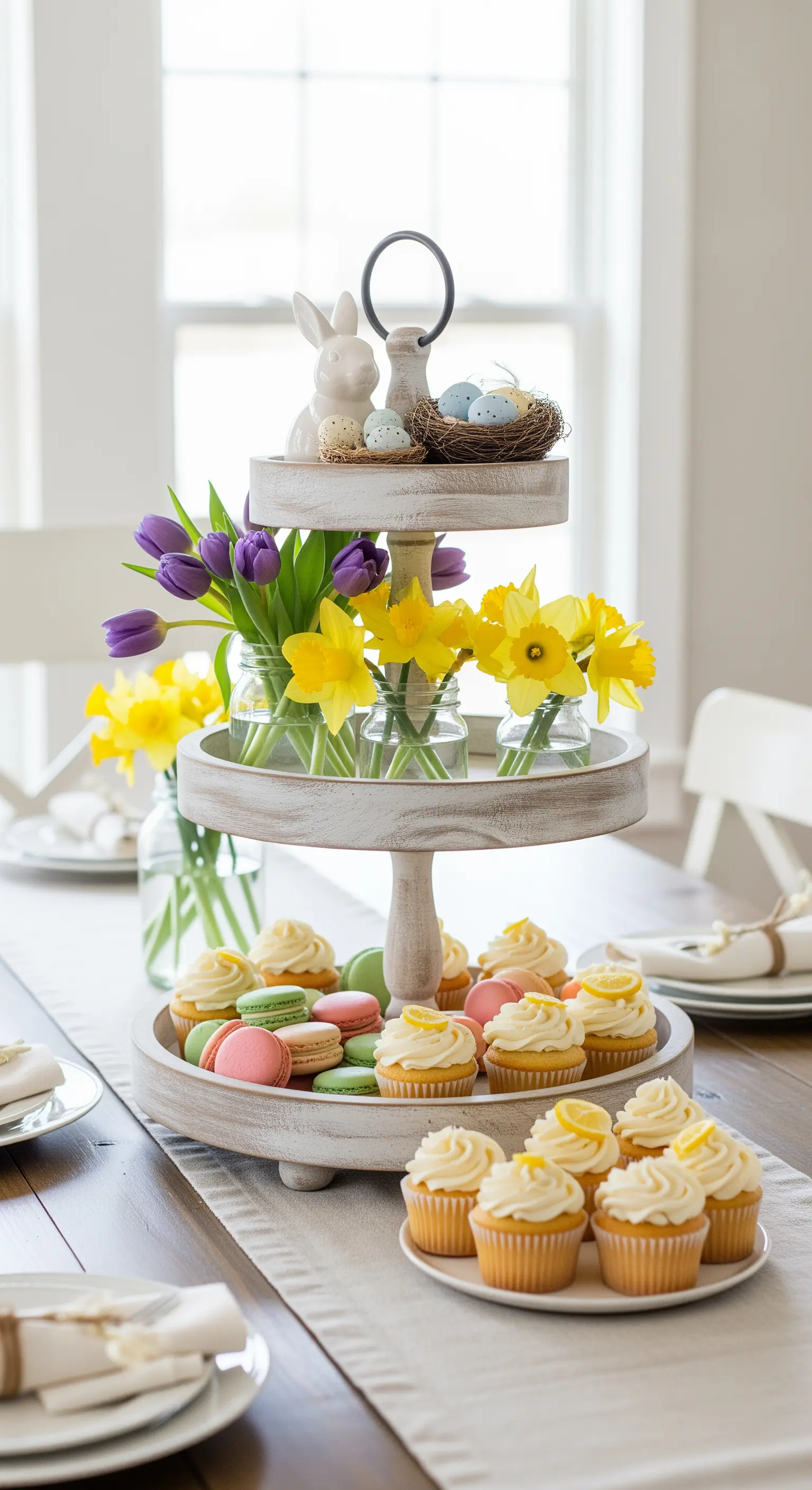 Oster-Etagere aus Holz mit frischen Tulpen, Narzissen und Cupcakes
