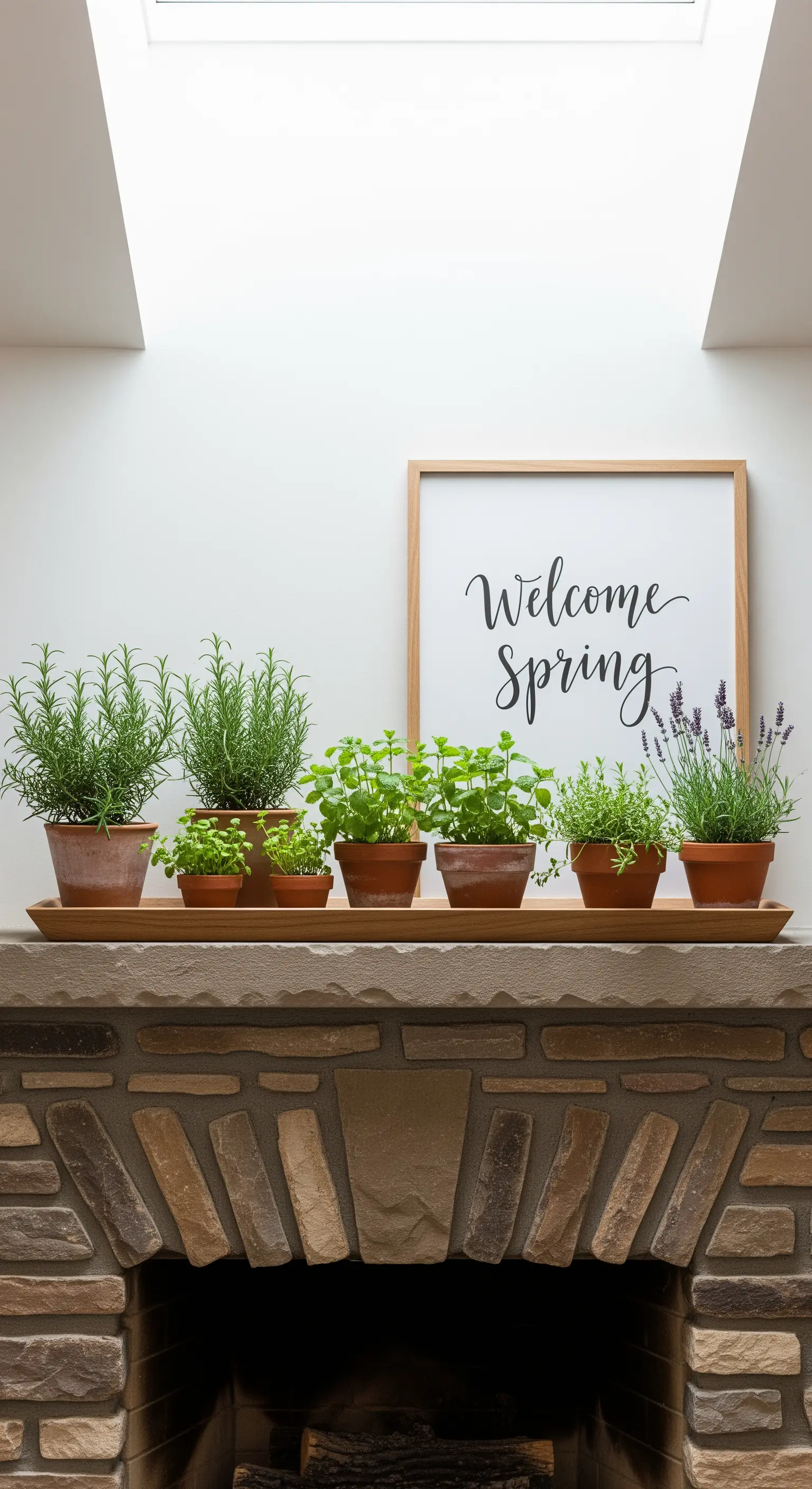 Frische Frühlingsdeko mit verschiedenen Kräutern in Terrakotta-Töpfen und einem Typografie-Schild.