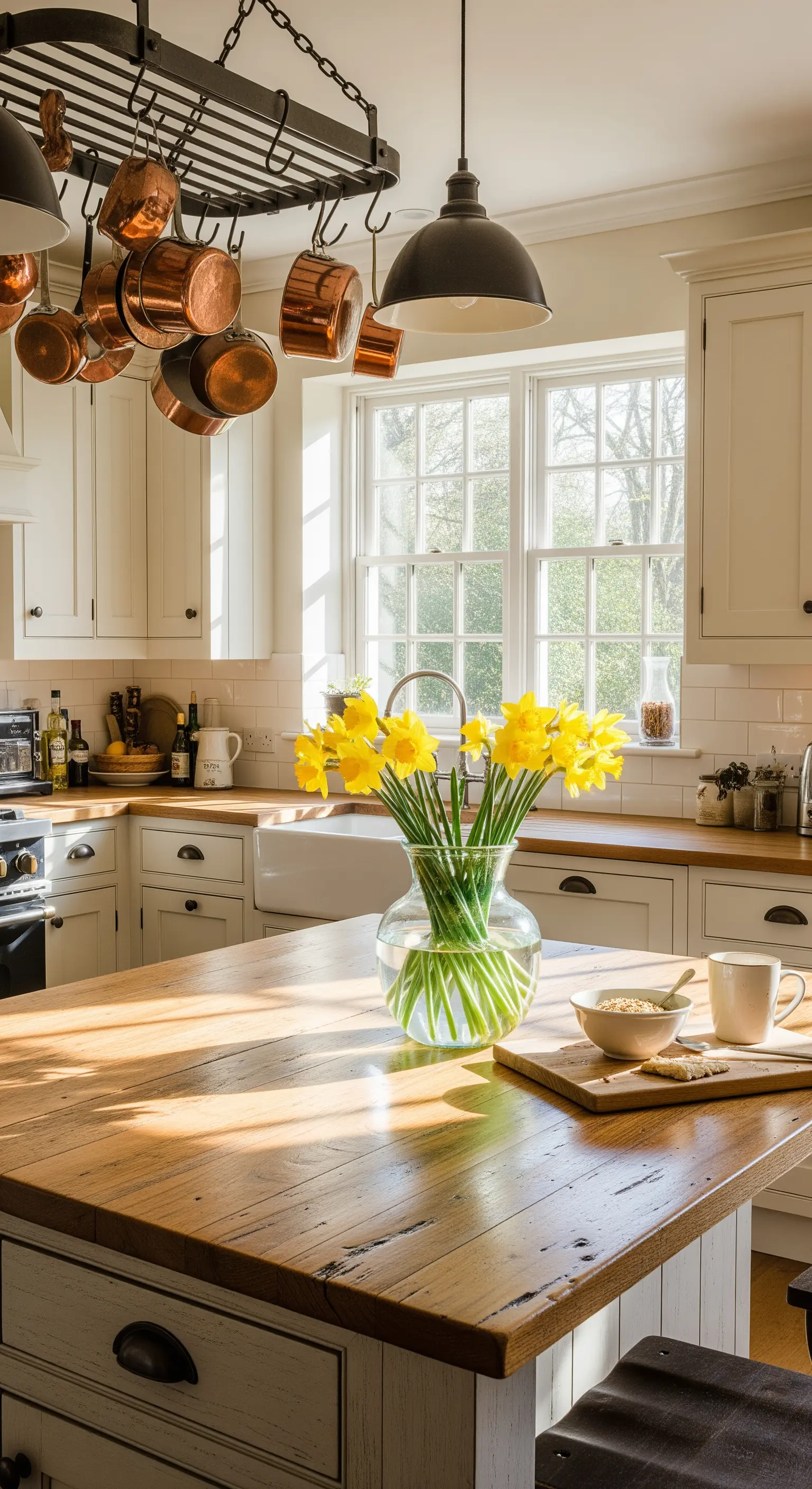 Frische Narzissen auf rustikaler Kücheninsel im Sonnenlicht