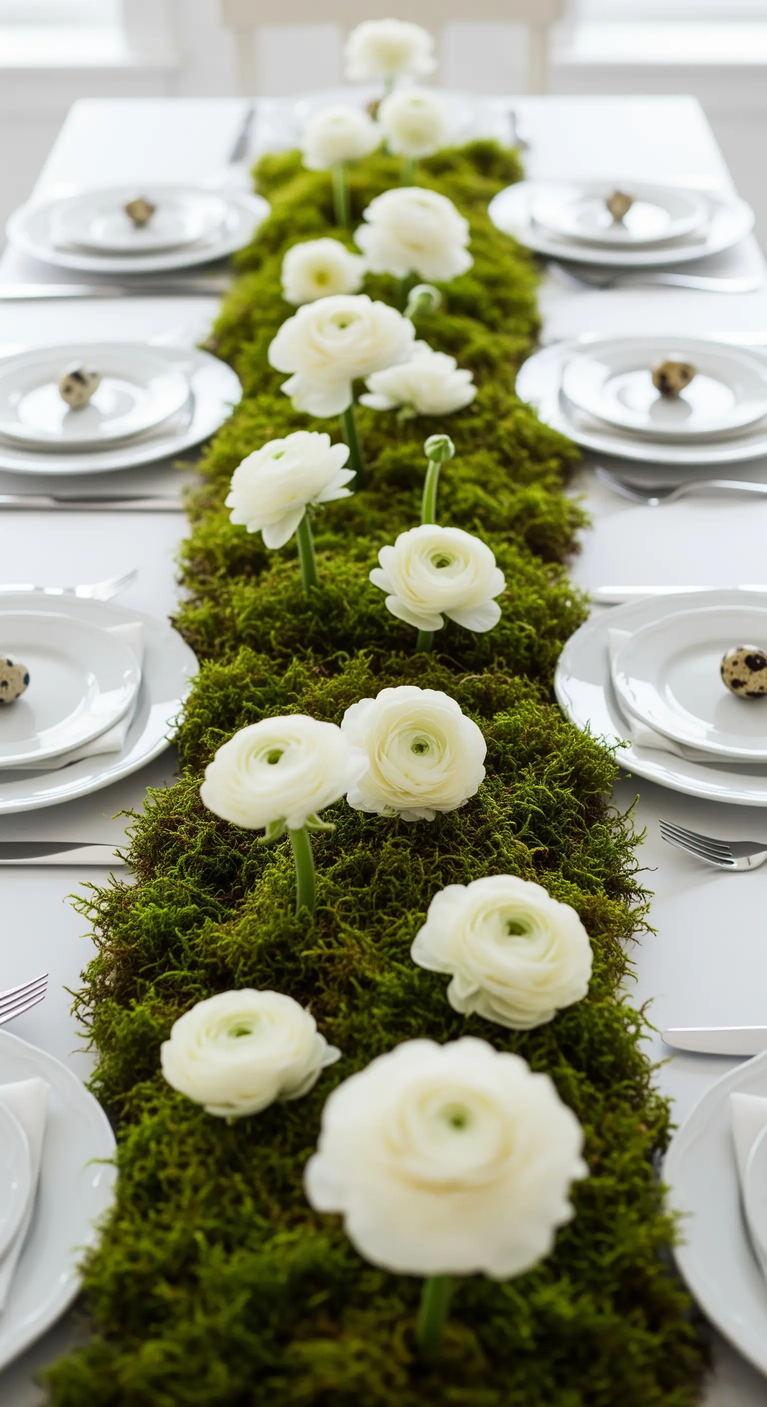 Minimalistischer Ostertisch mit einem Tischläufer aus echtem Moos und weißen Ranunkeln.