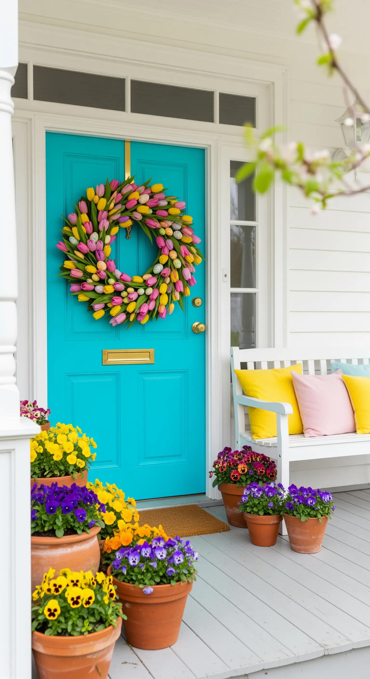 Türkise Haustür mit Tulpenkranz und Topf-Stiefmütterchen.