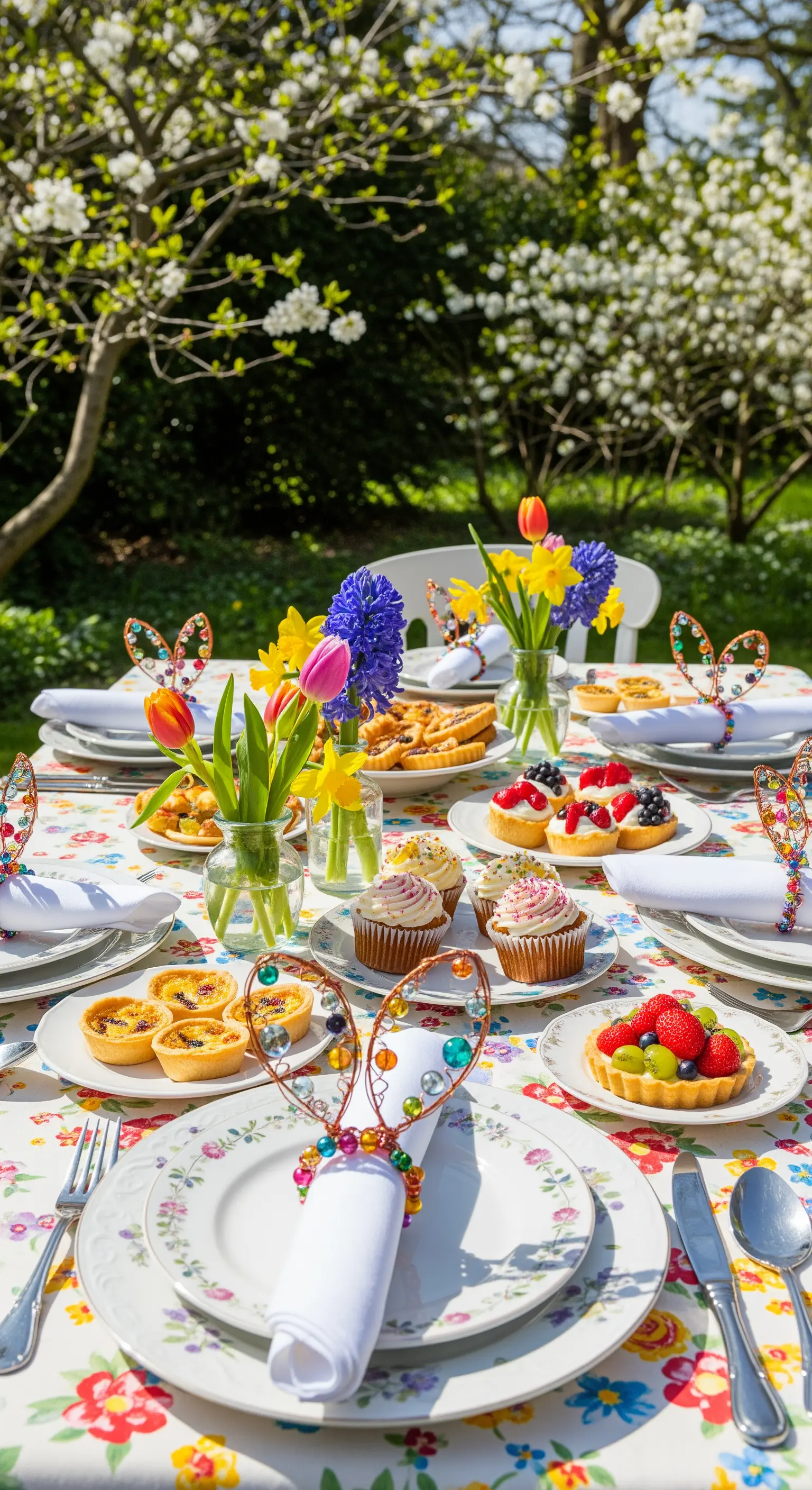 Opulent gedeckter Oster-Brunchtisch im Garten mit Blumen und Desserts