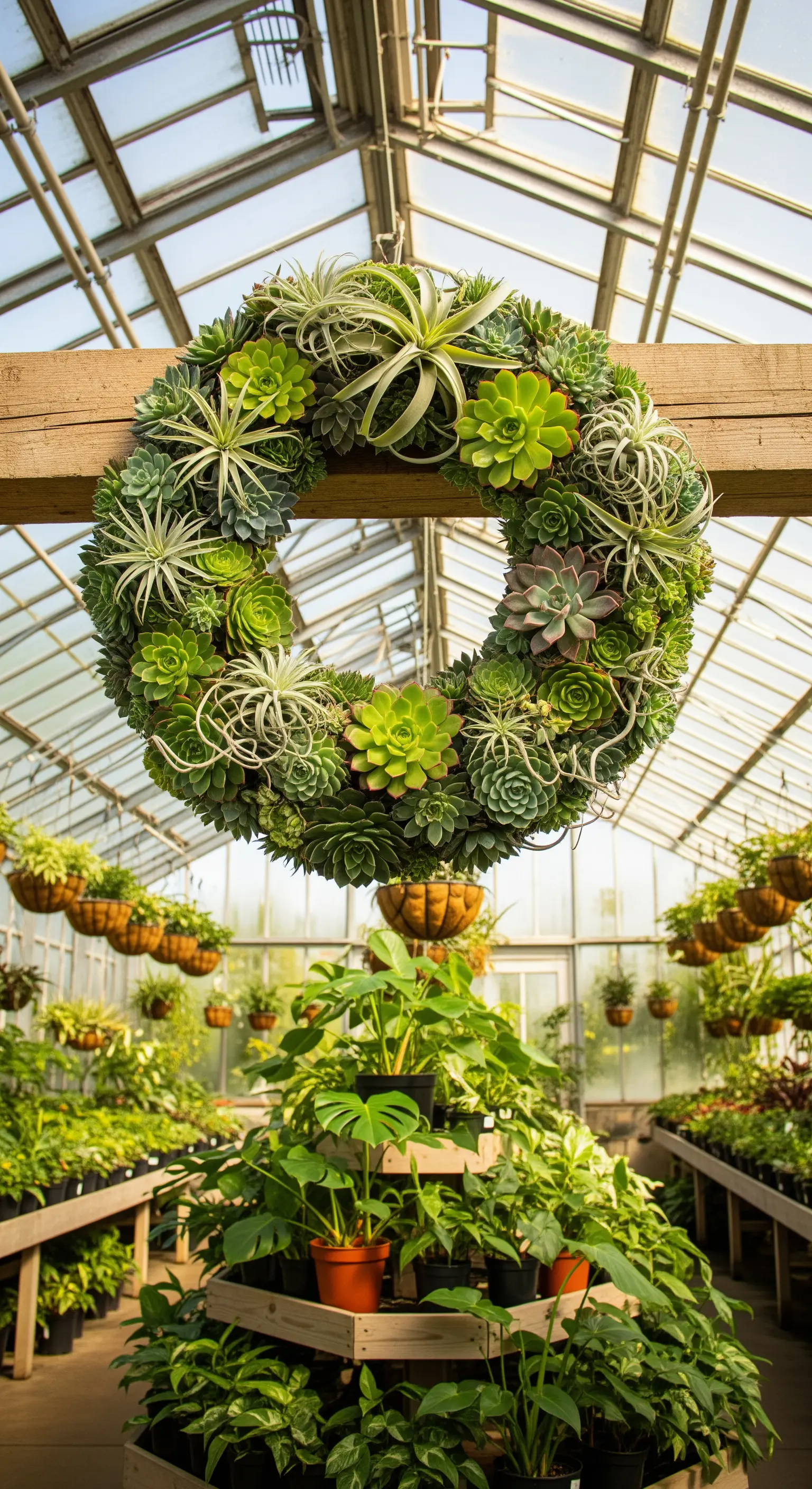 Sukkulenten- und Air-Plant-Kranz im Gewächshaus