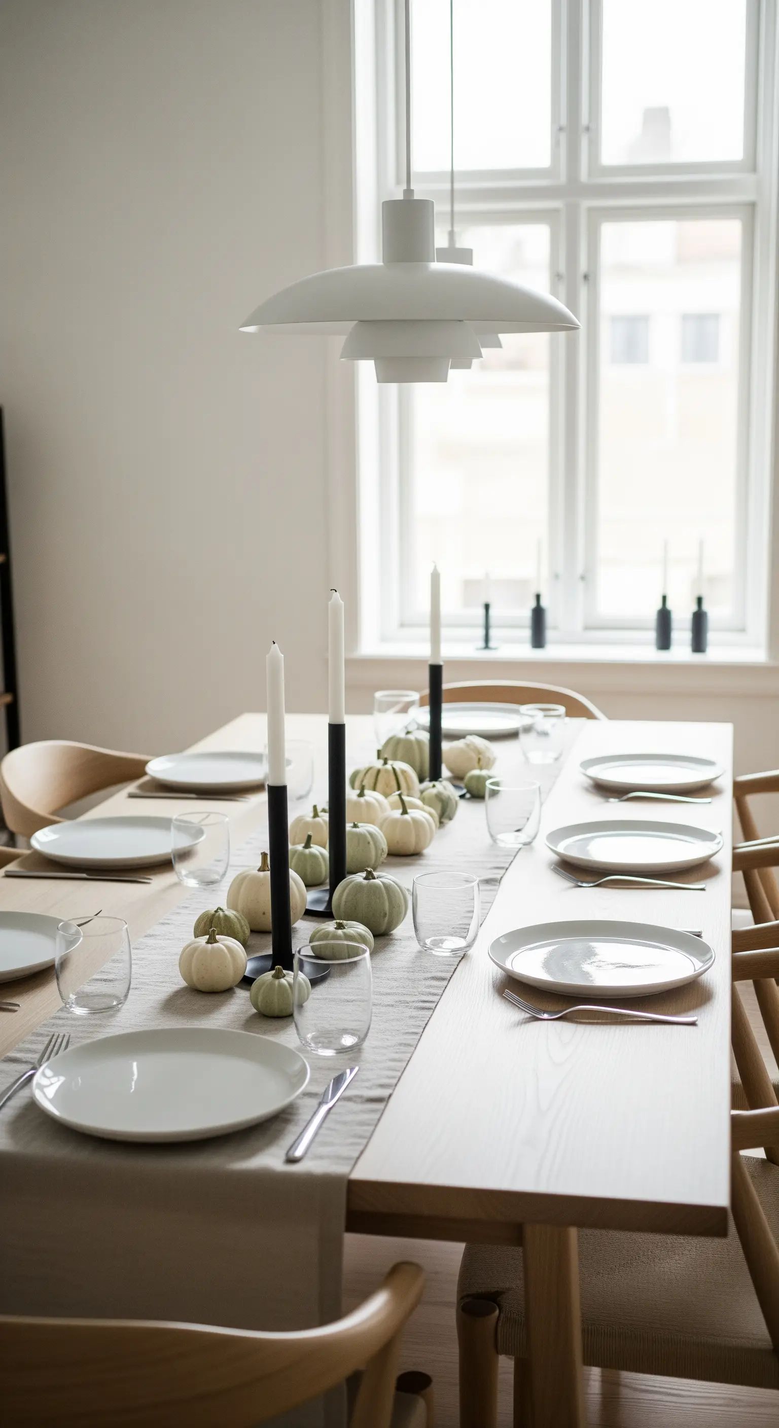 Minimalistischer Esstisch mit Salbei-grünen Kürbissen und Kerzen