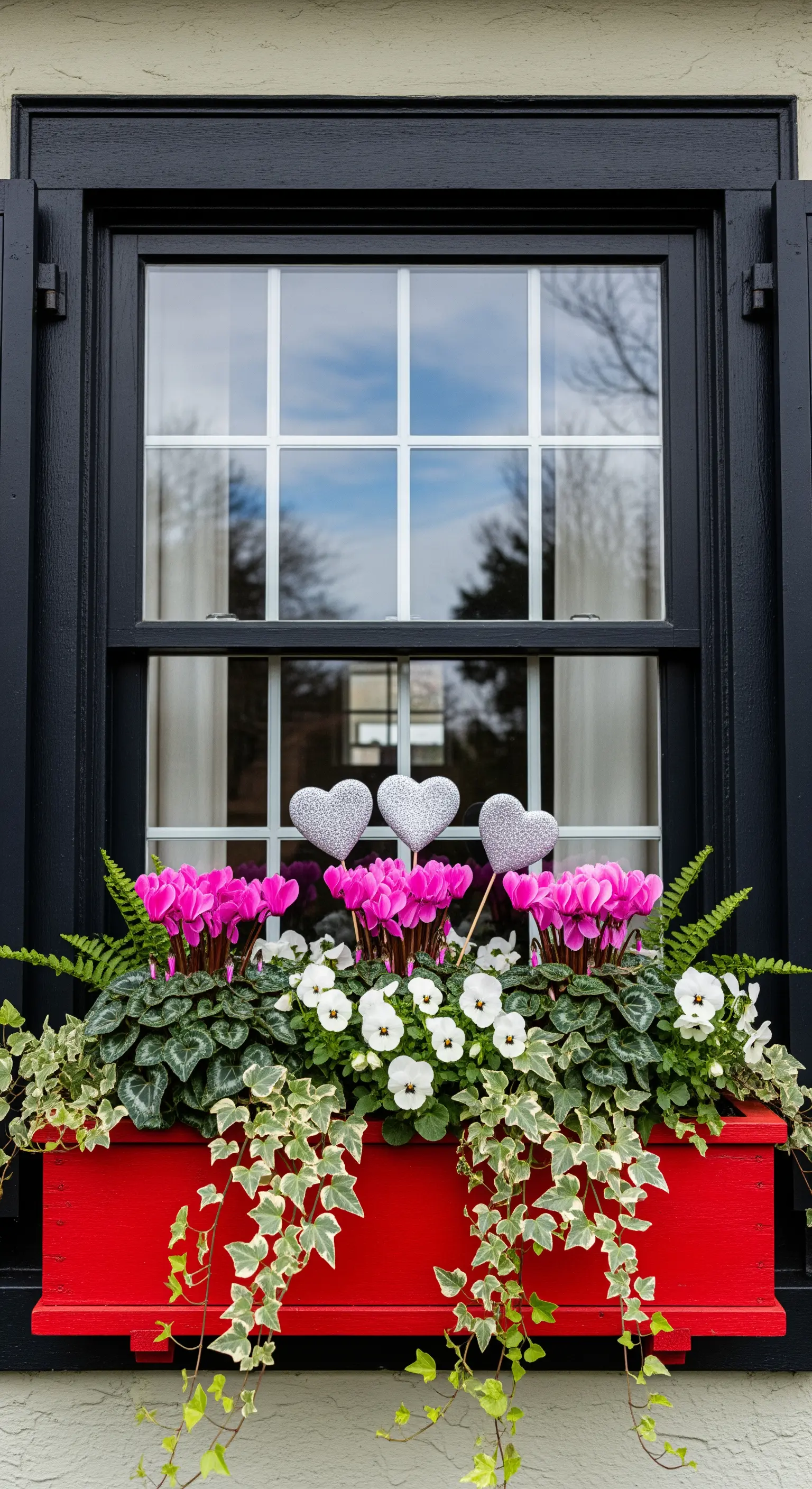 Roter Blumenkasten mit pinken Alpenveilchen, Efeu und Glitzerherzen vor einem schwarzen Fenster.