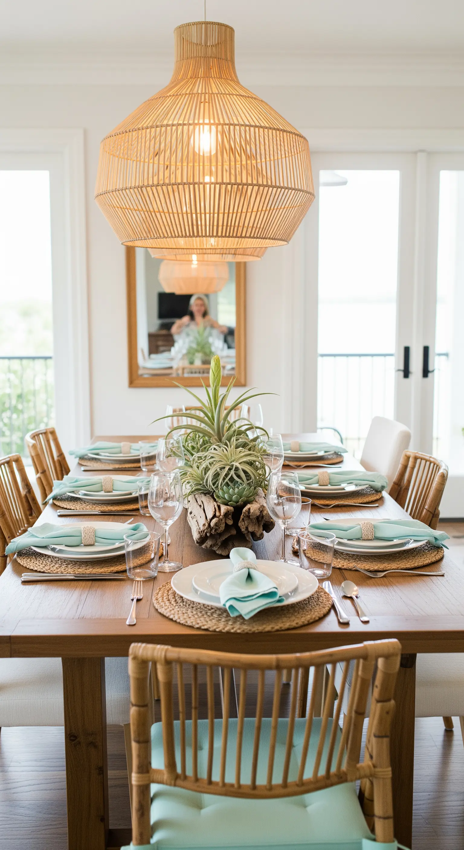 Esstisch mit Luftpflanze auf Treibholz als Centerpiece und gewebten Tischsets
