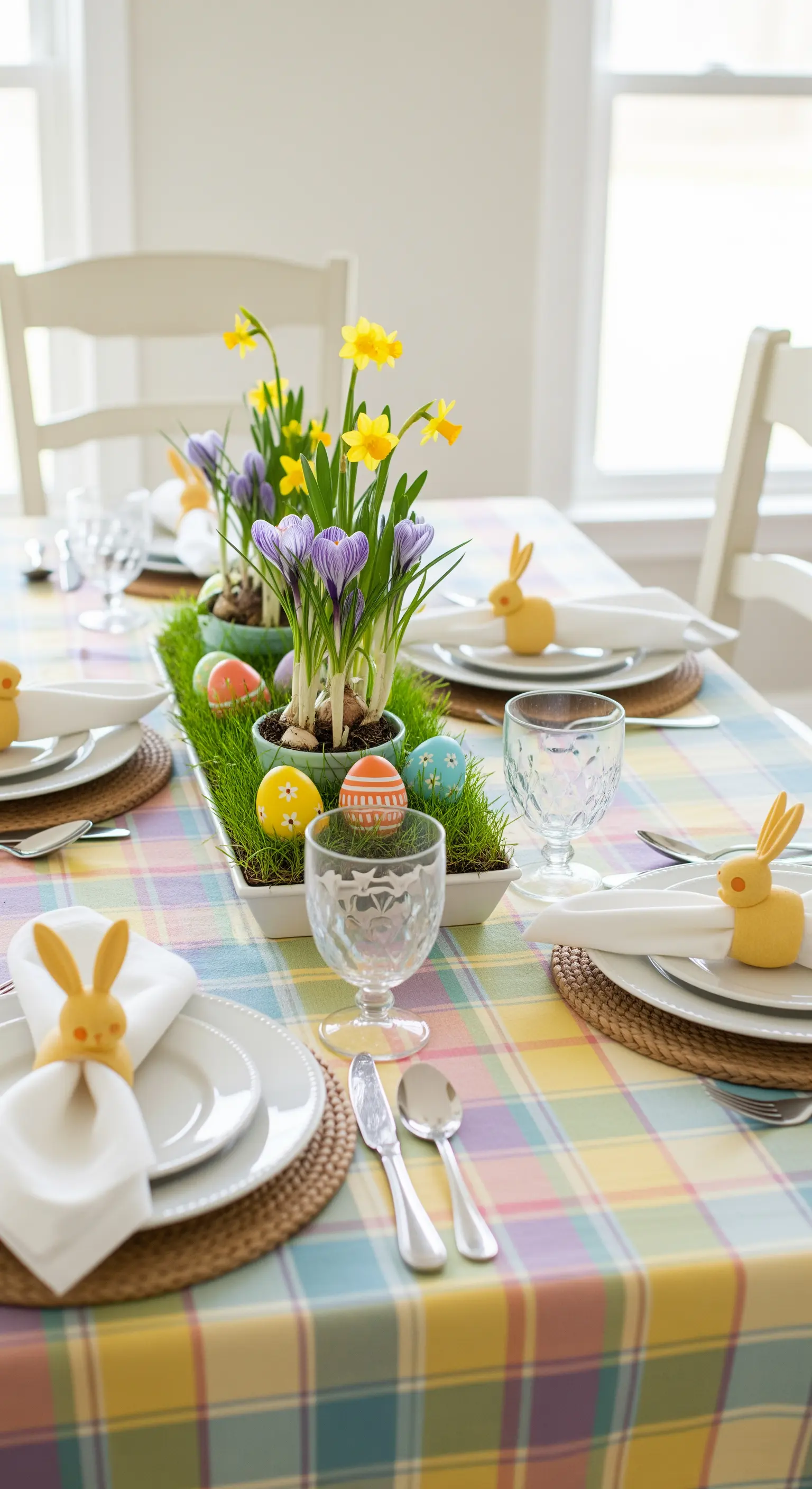Oster-Tischdeko mit eingetopften Krokussen und Narzissen in einer mit Gras gefüllten Schale
