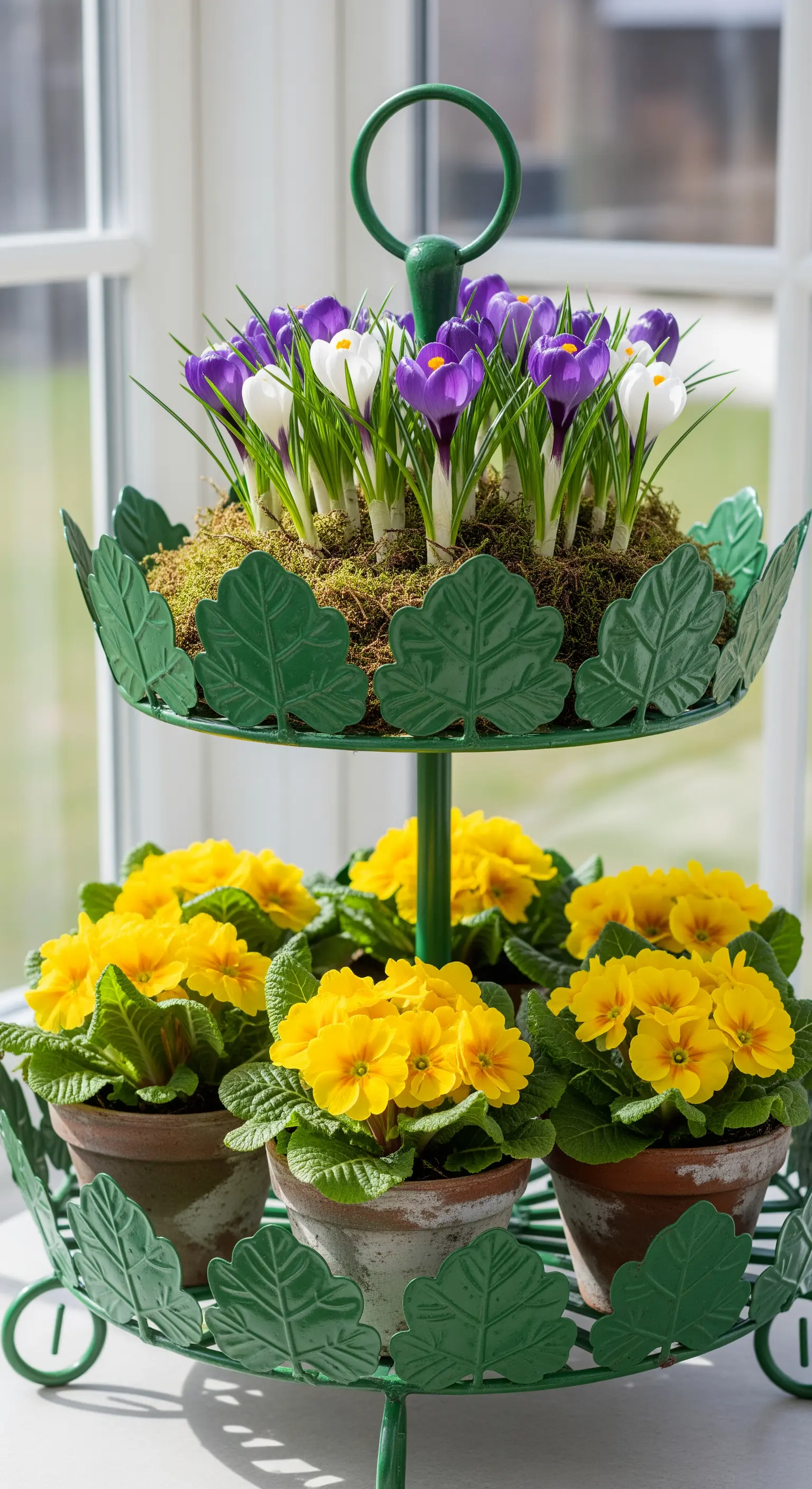 Grüne Metall-Etagere mit blühenden Krokussen und gelben Primeln in Töpfen