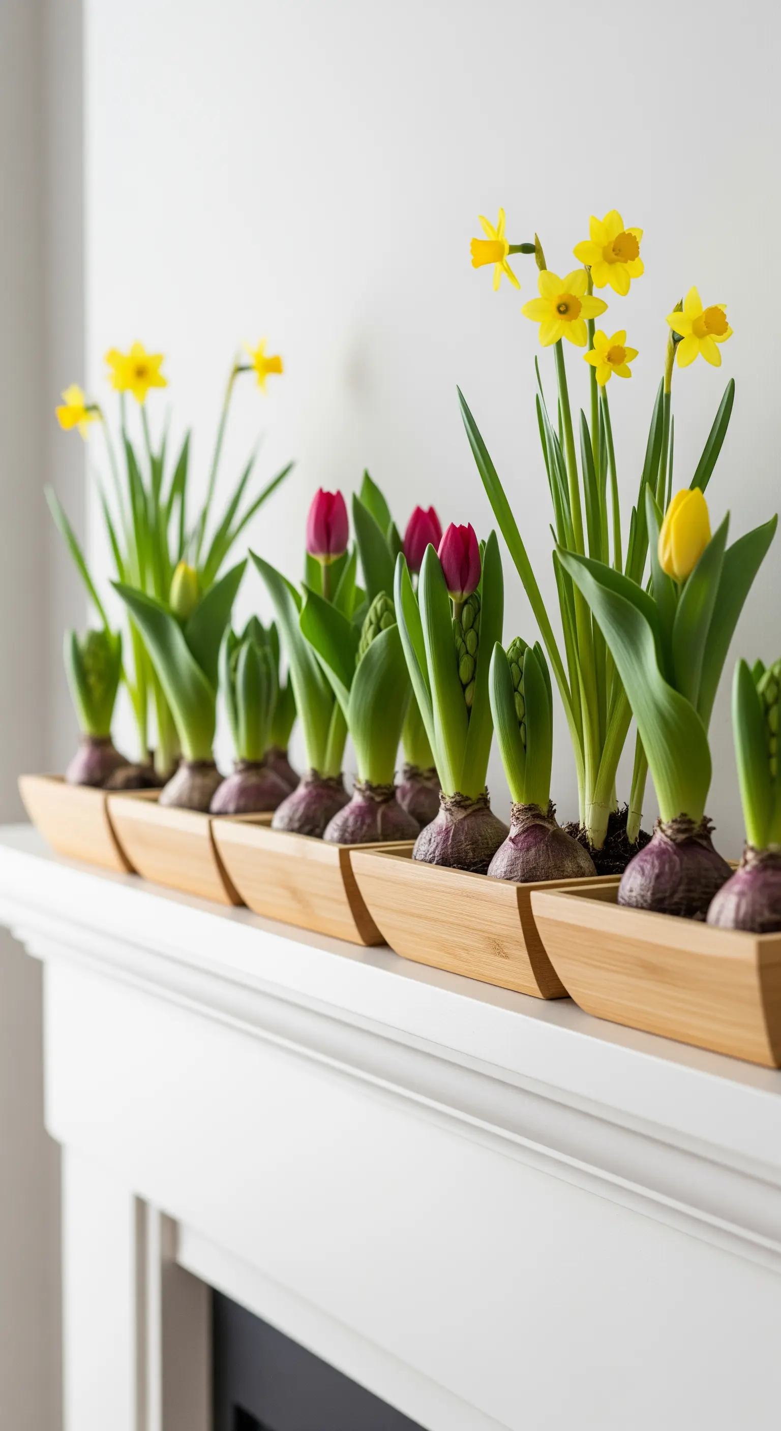 Frühlingszwiebeln wie Tulpen und Narzissen in einem langen Holzkasten auf einem weißen Kaminsims