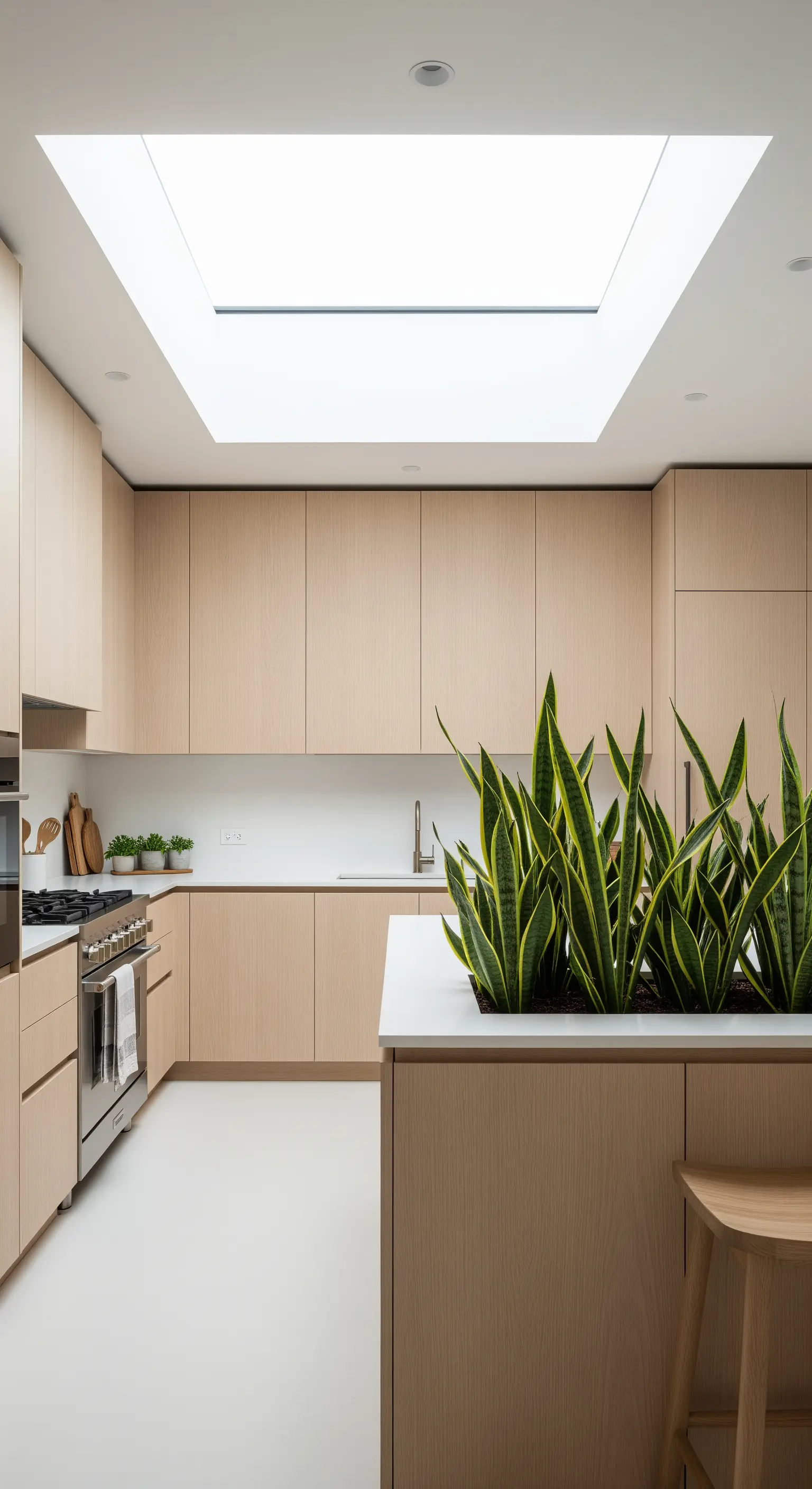 Helle Holzküche mit einer in die Kücheninsel integrierten Pflanzenwanne