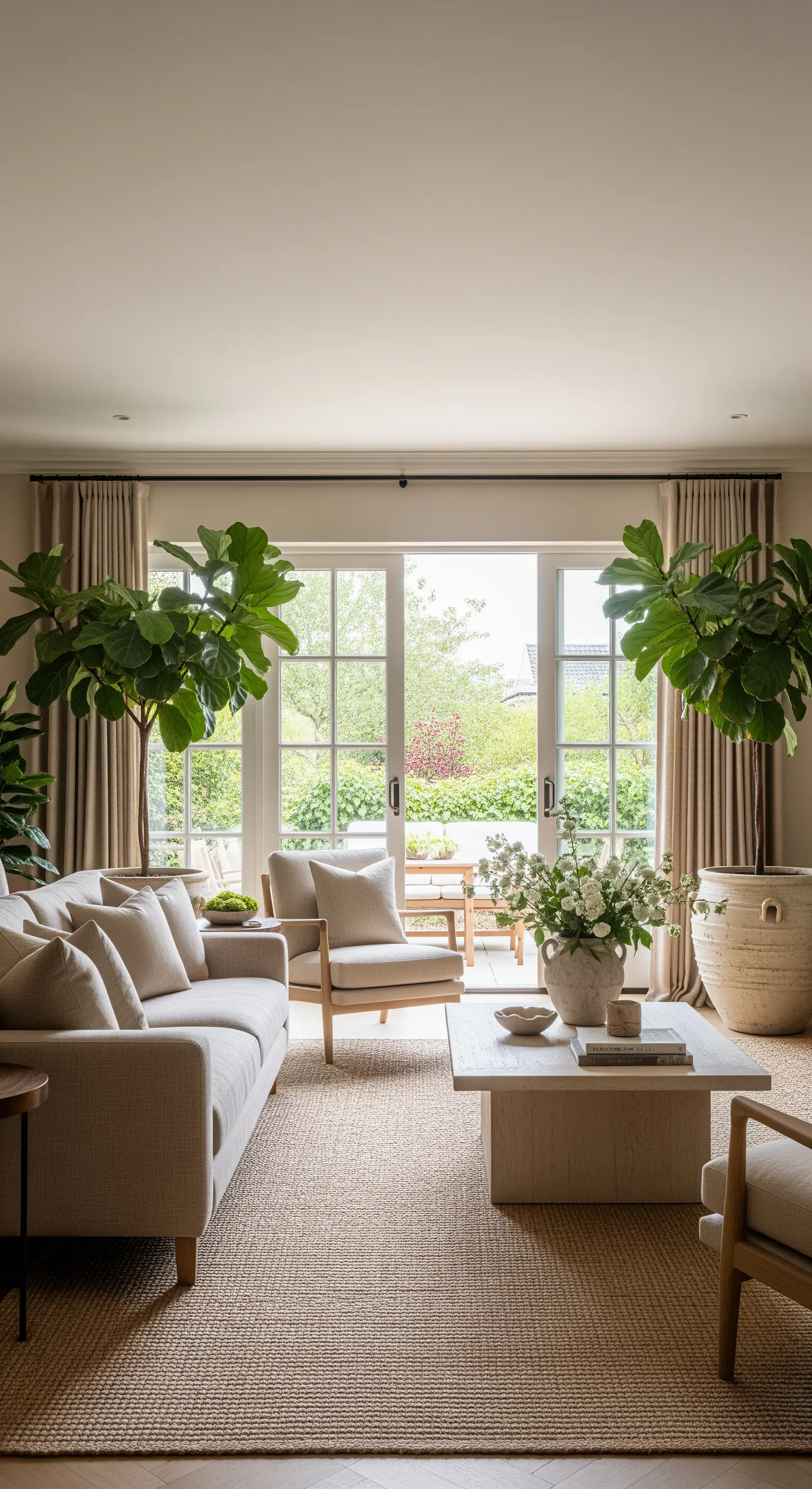 Helles Wohnzimmer mit großen Feigenbäumen, beigem Sofa und Jute-Teppich.