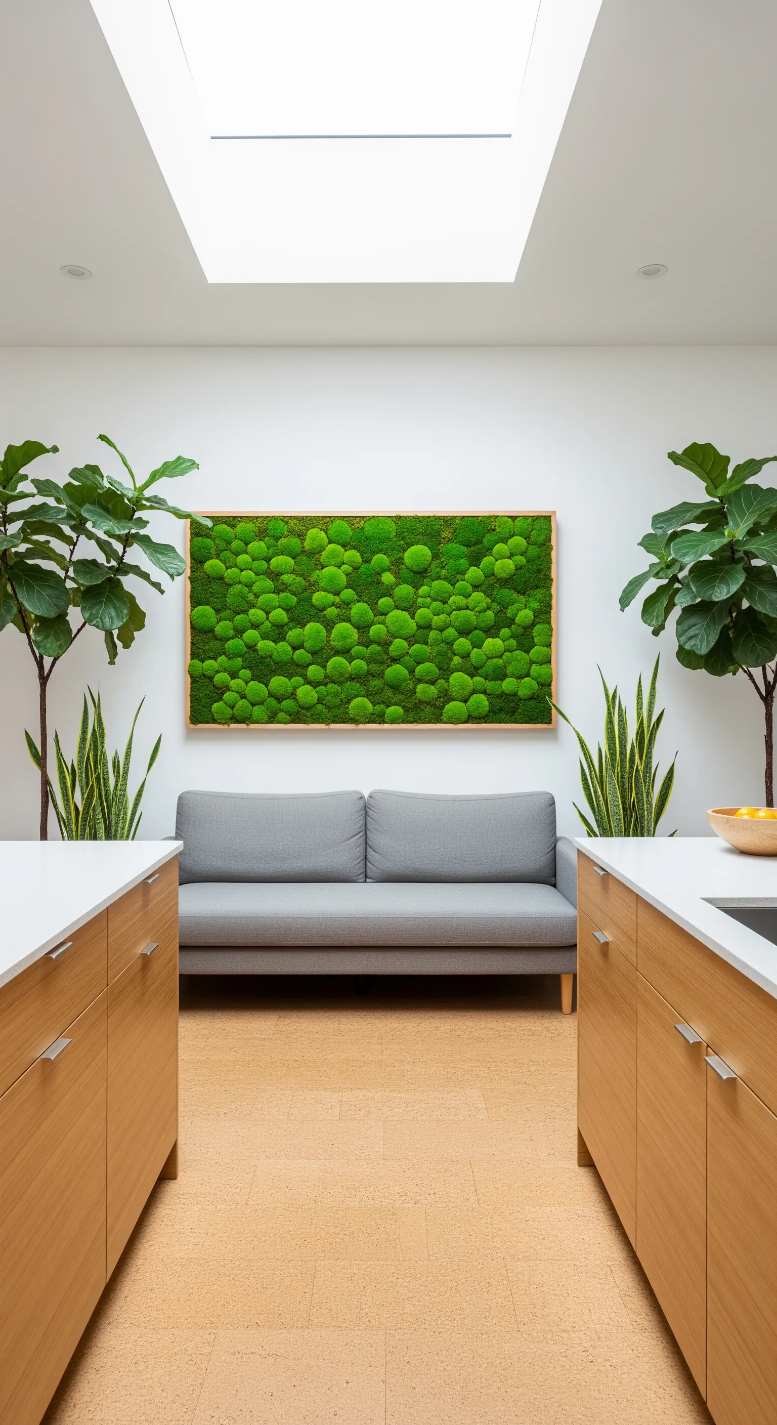 Minimalistischer Wohnbereich mit einem großen Moosbild an der Wand.