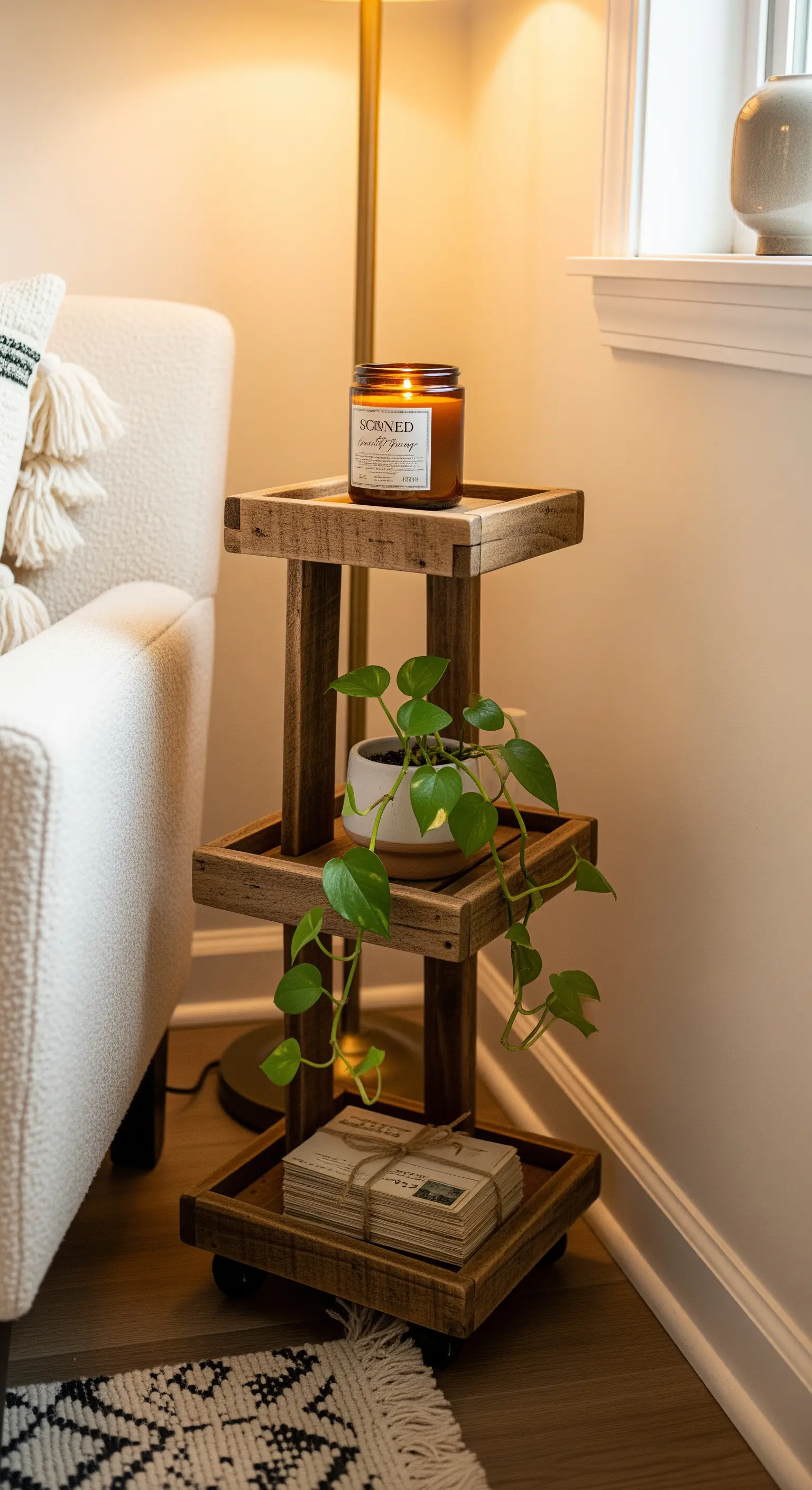 Hohe, schmale Holz-Etagere als Pflanzenständer neben einem Sofa.