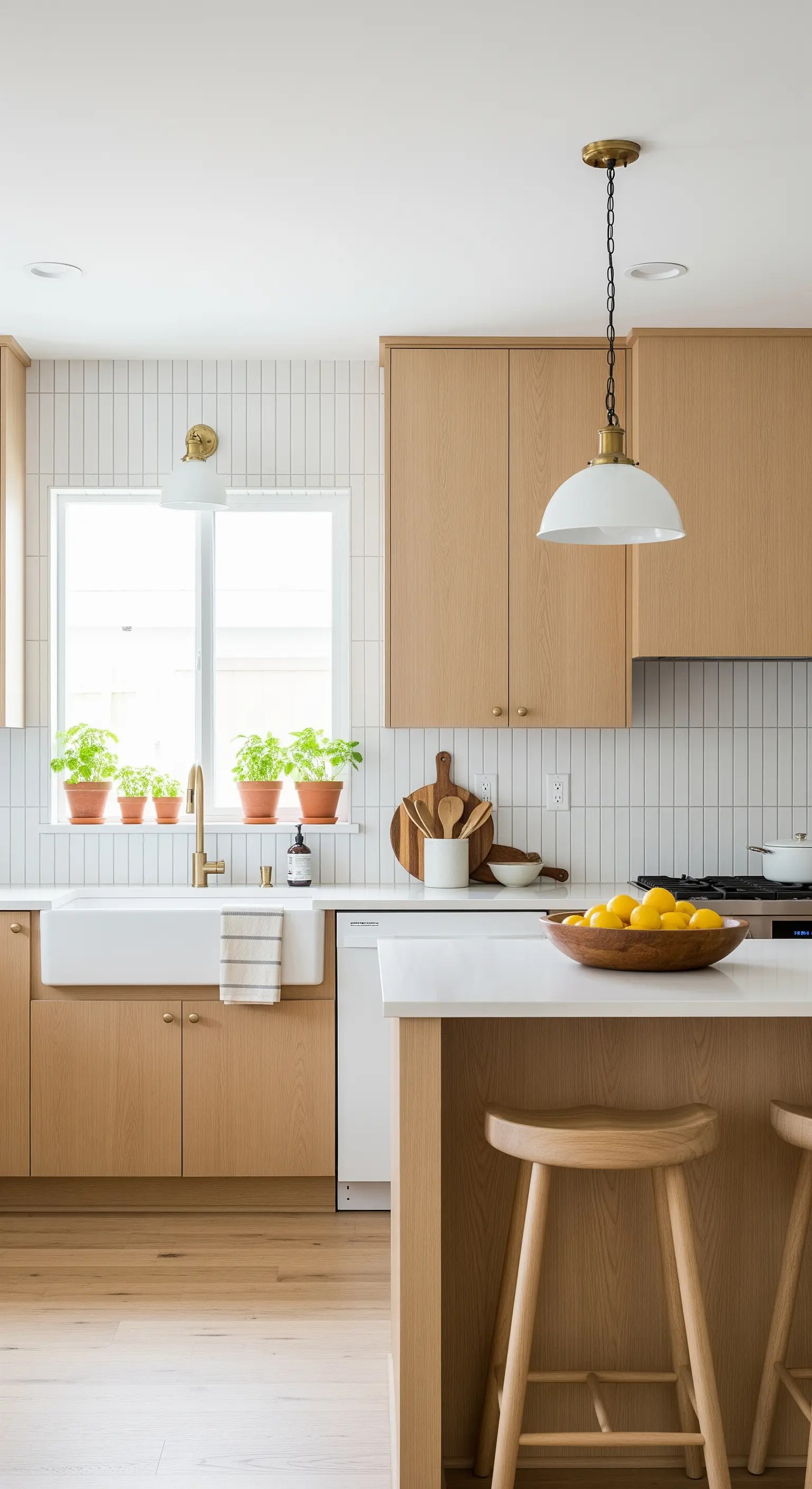 Helle Holzküche mit frischen Kräutern in Töpfen auf der Fensterbank.