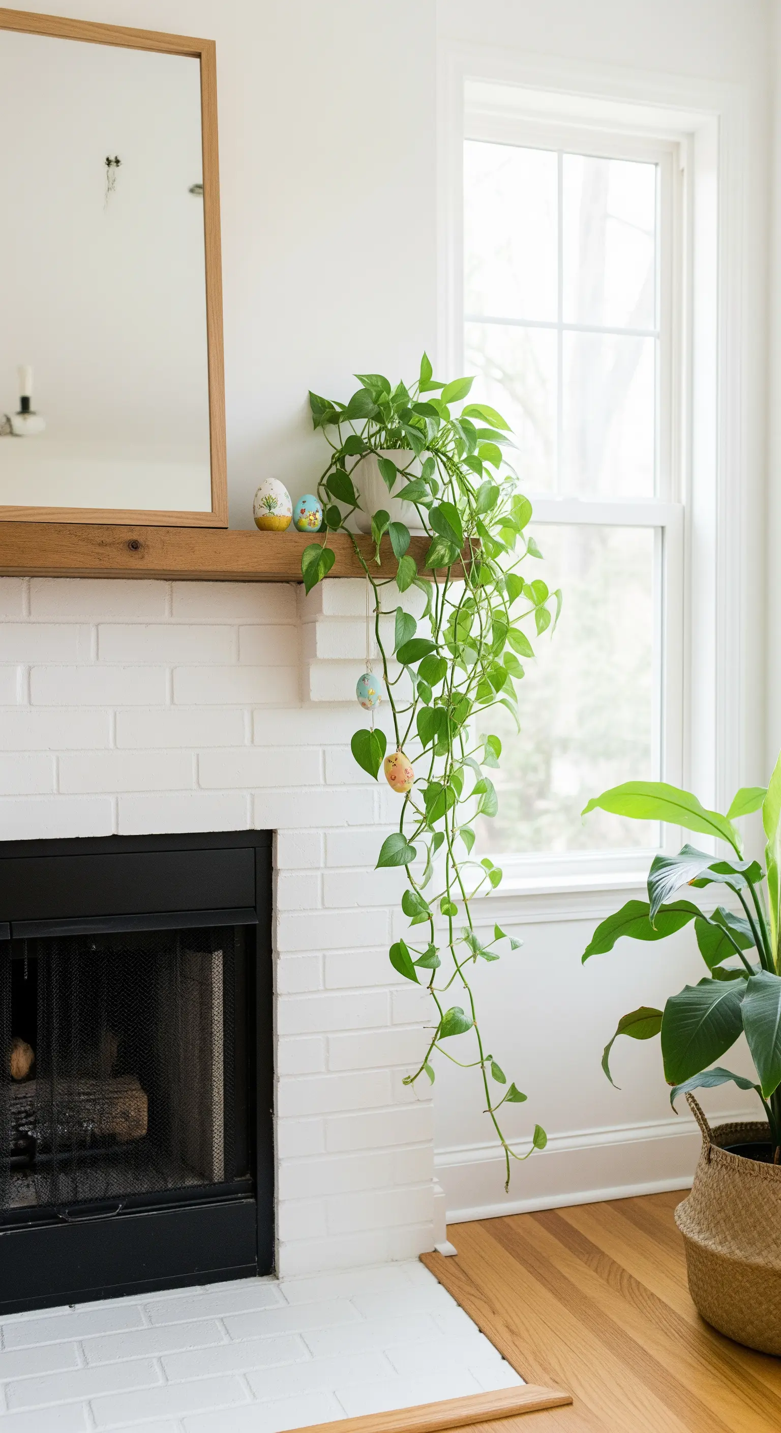 Eine Rankenpflanze auf dem Kaminsims mit kleinen Ostereiern in den Blättern.
