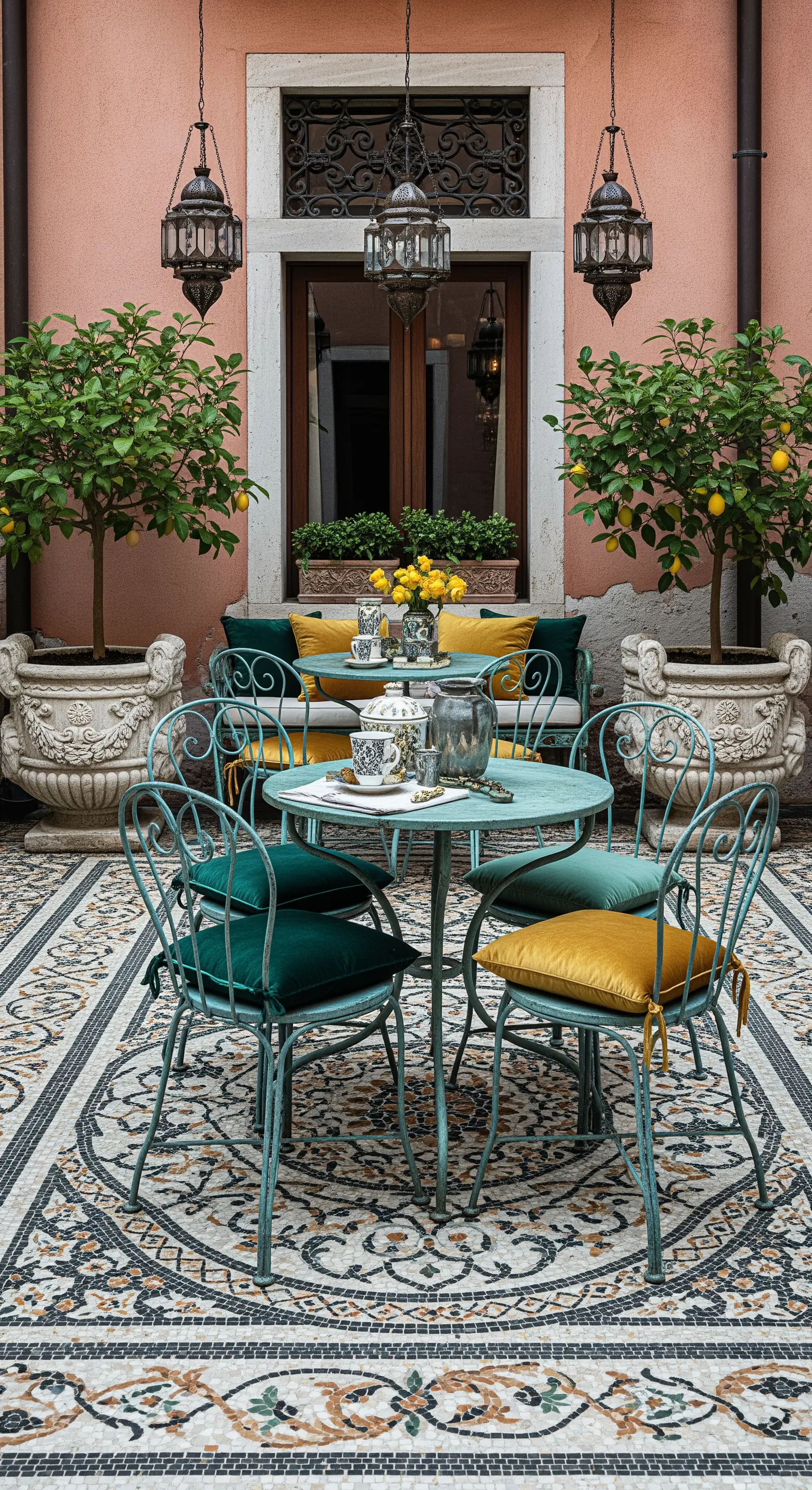 Hof mit Mosaikboden, türkisen Möbeln, Zitronenbäumen und Laternen