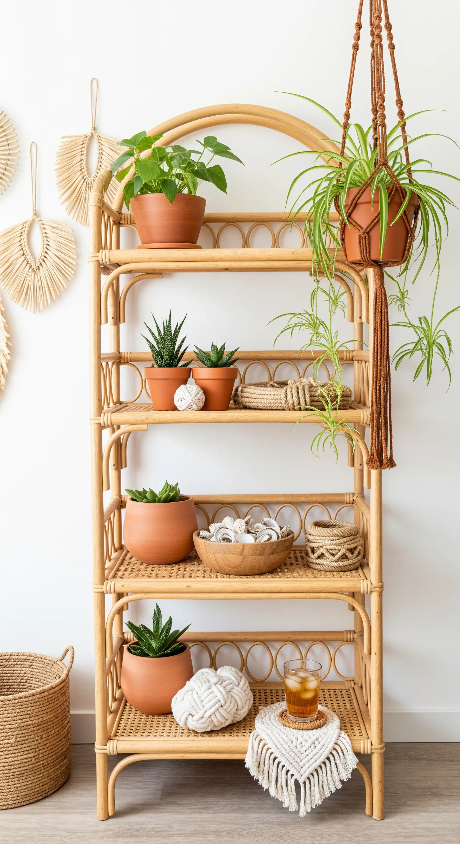 Rattan-Regal mit Terrakottatöpfen, Sukkulenten und Makramee-Details.
