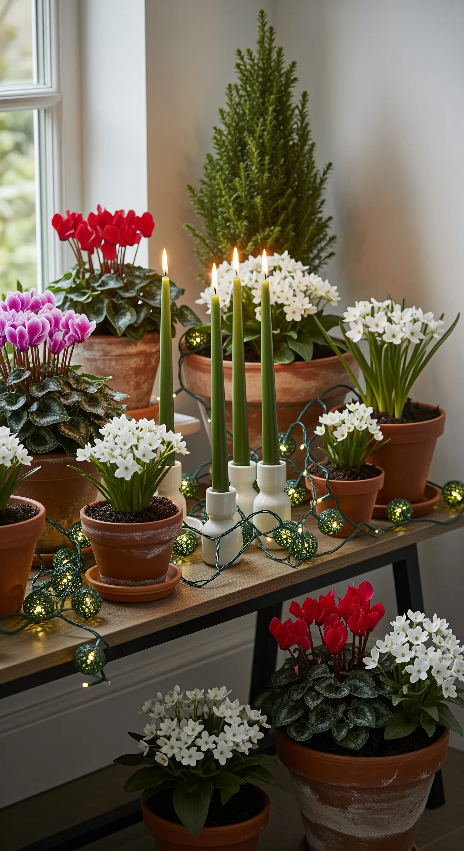 Stillleben aus Winterblumen in Tontöpfen, kombiniert mit grünen Stabkerzen und einer grünen Lichterkette.