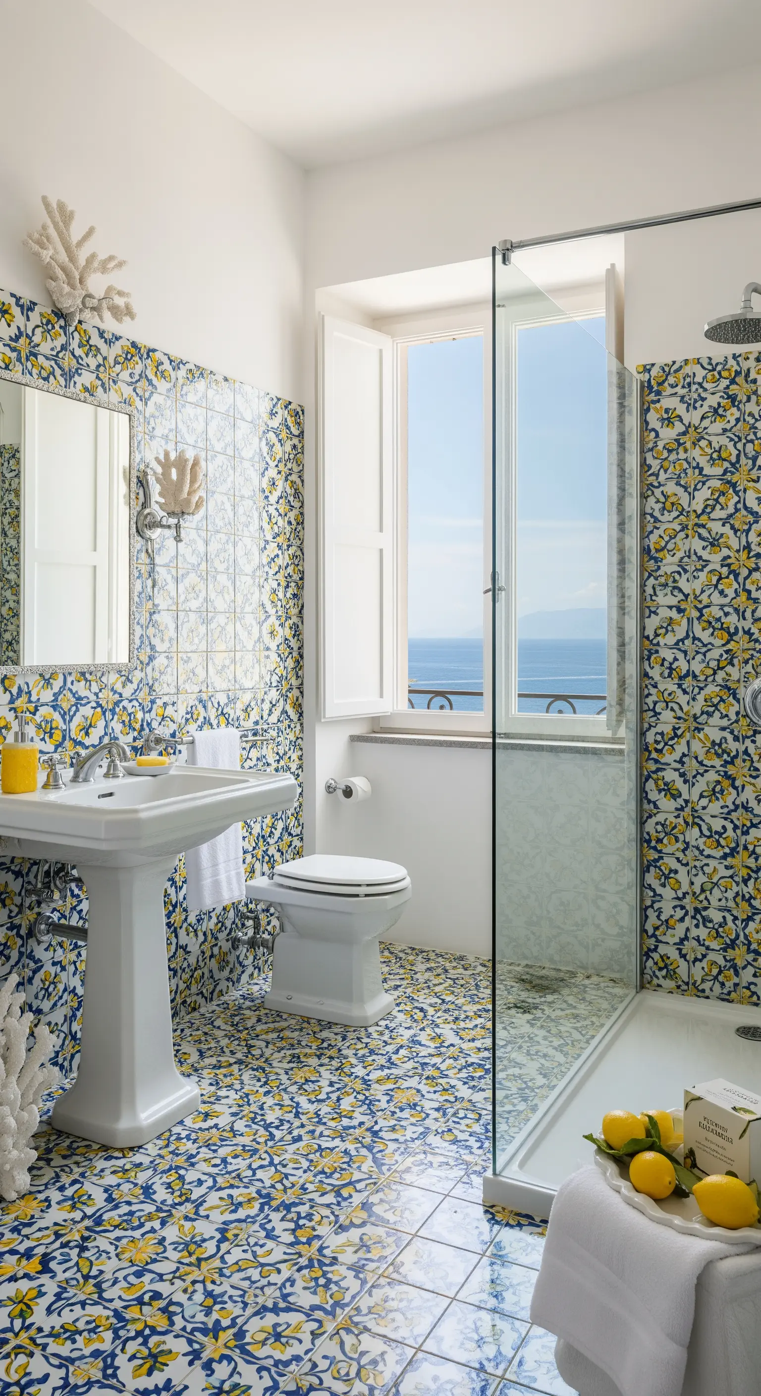 Helles Badezimmer mit blau-gelben Majolika-Fliesen an Wand und Boden und Meerblick.