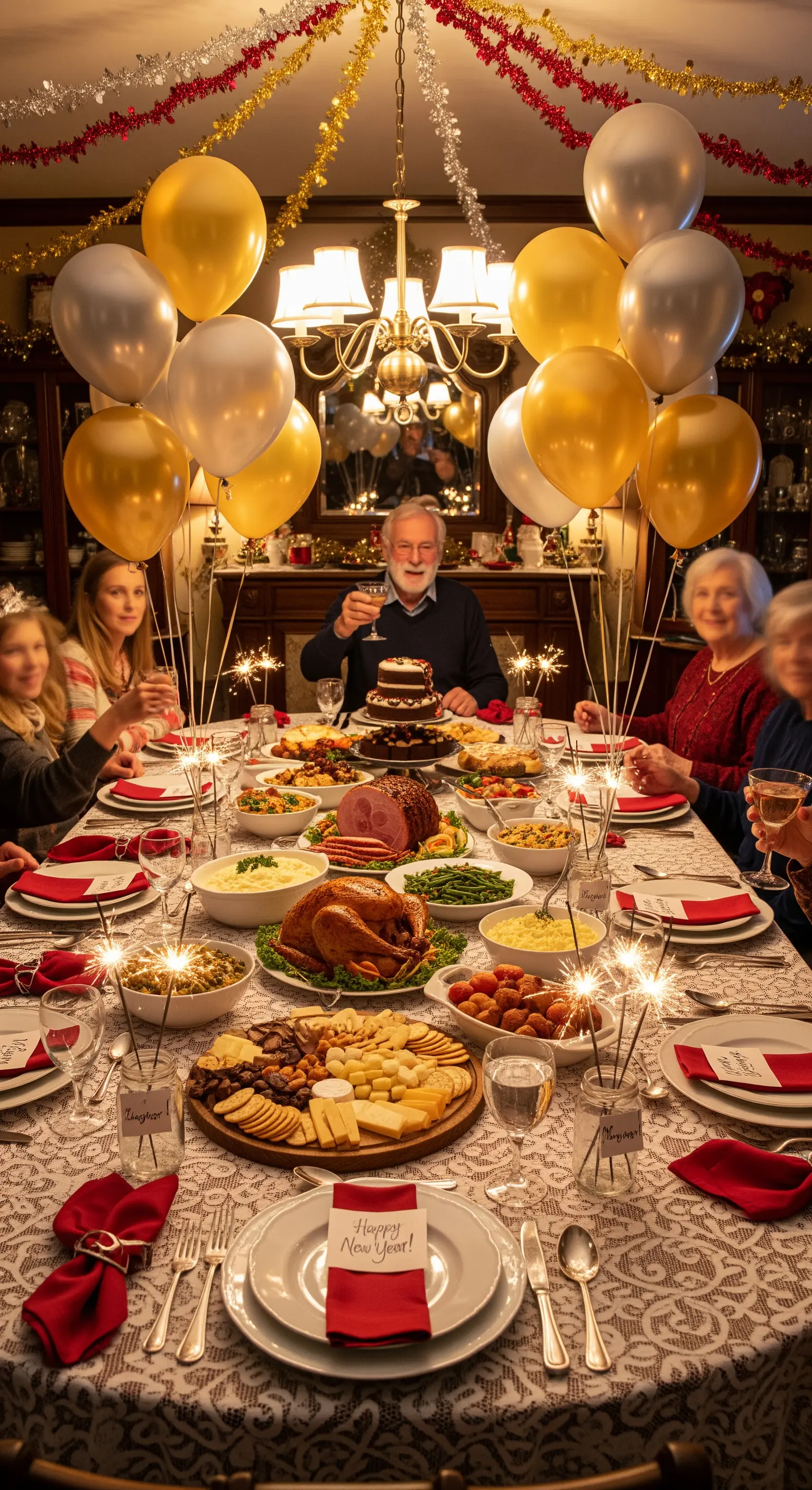 Familientisch mit Essen, Wunderkerzen, Luftballons und Girlanden