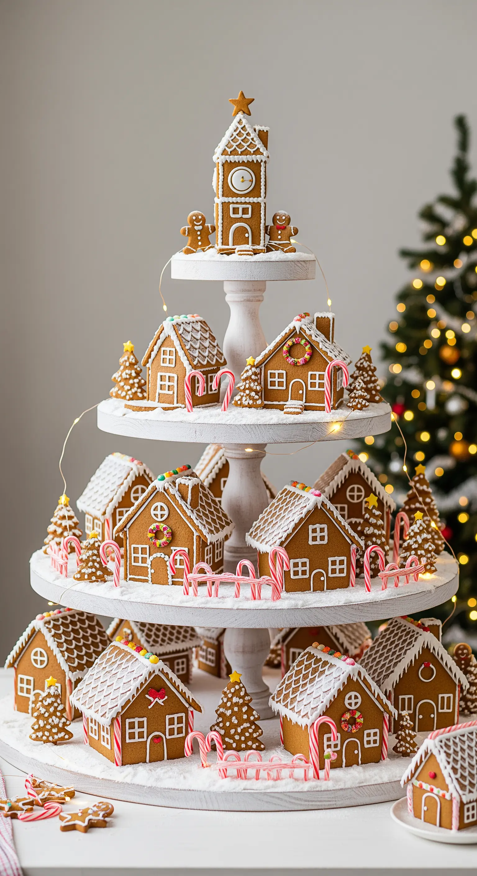 Große Etagere als Lebkuchendorf mit vielen Häusern, Puderzuckerschnee und Lichterkette.
