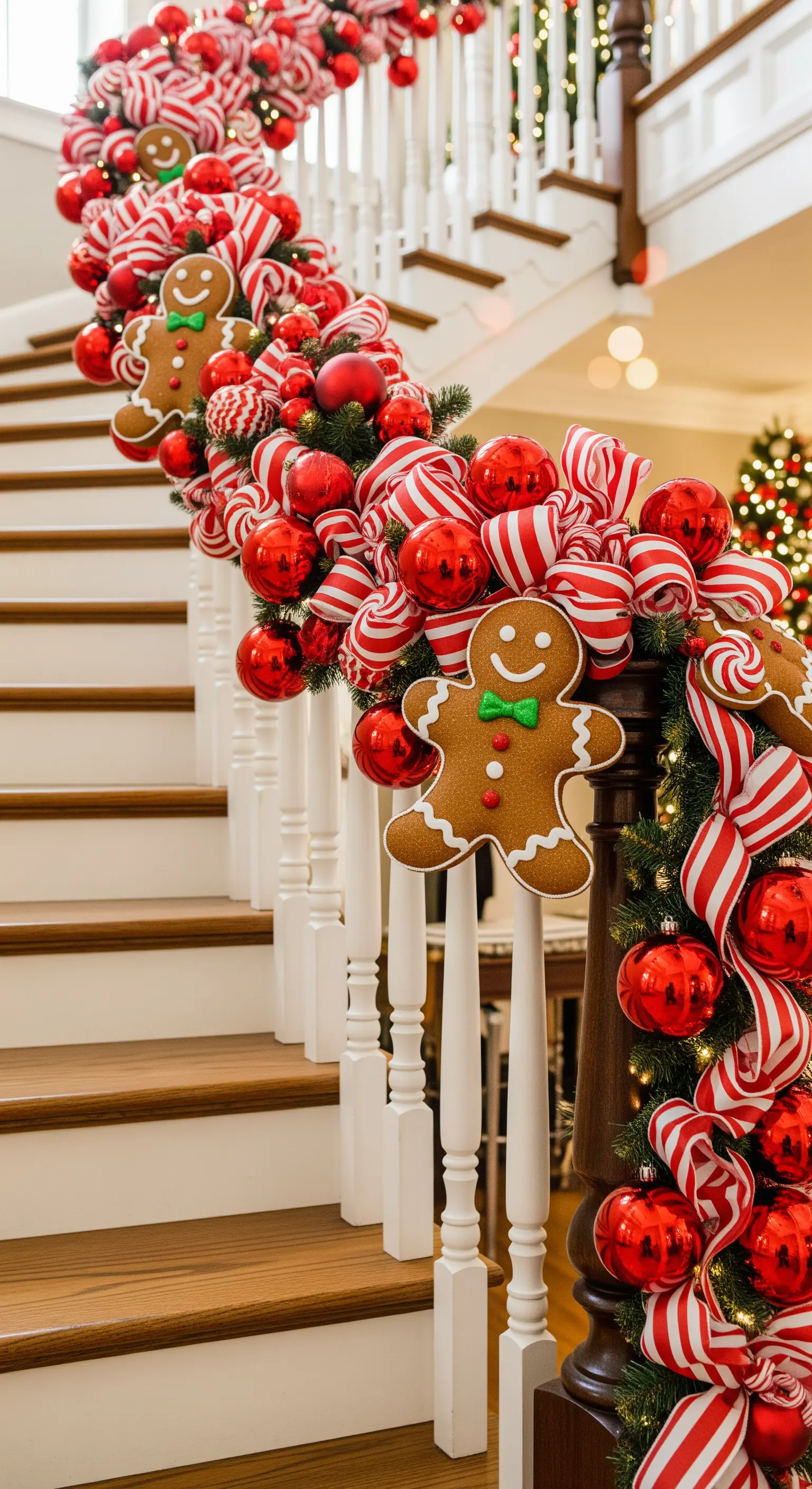 Treppengirlande mit Lebkuchenmännern, Zuckerstangen-Bändern und roten Kugeln.
