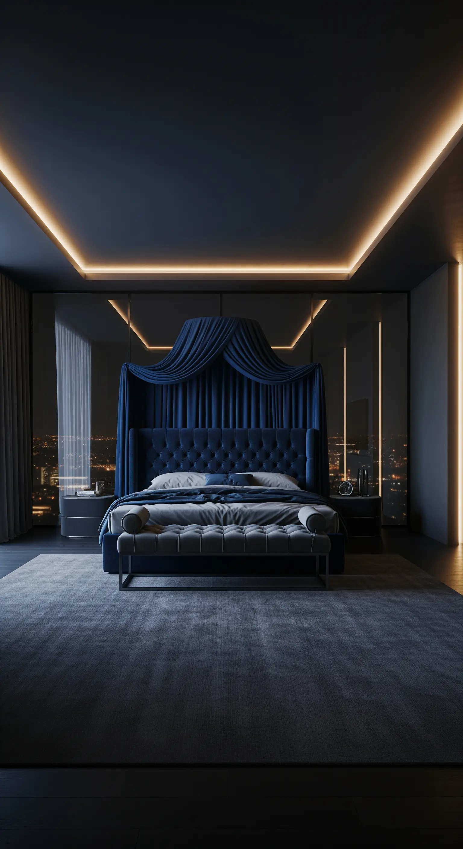 Dunkelblaues Samt-Himmelbett, indirekte LED-Beleuchtung, Skyline-Blick, moderner Luxus