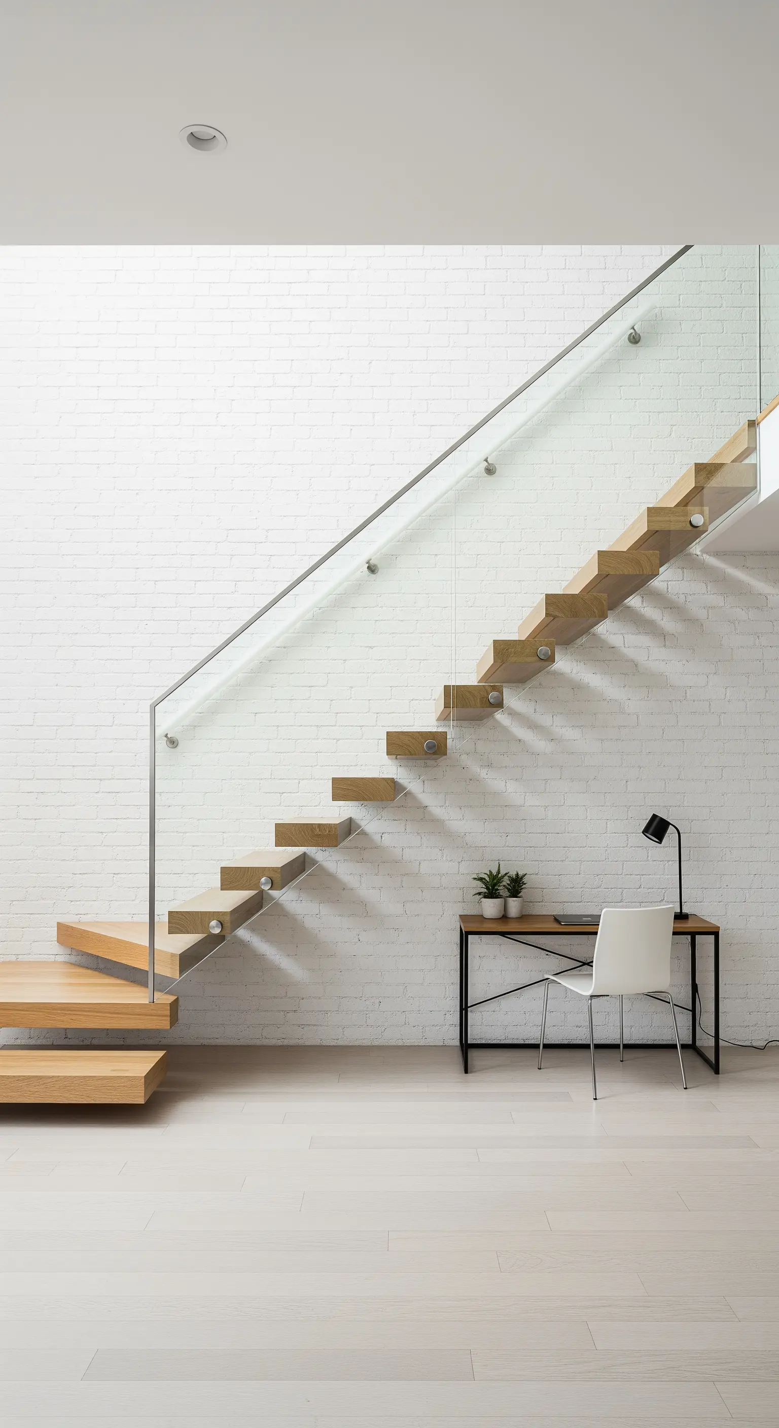 Schwebende Holztreppe mit Glasgeländer und einem minimalistischen Arbeitsplatz darunter.