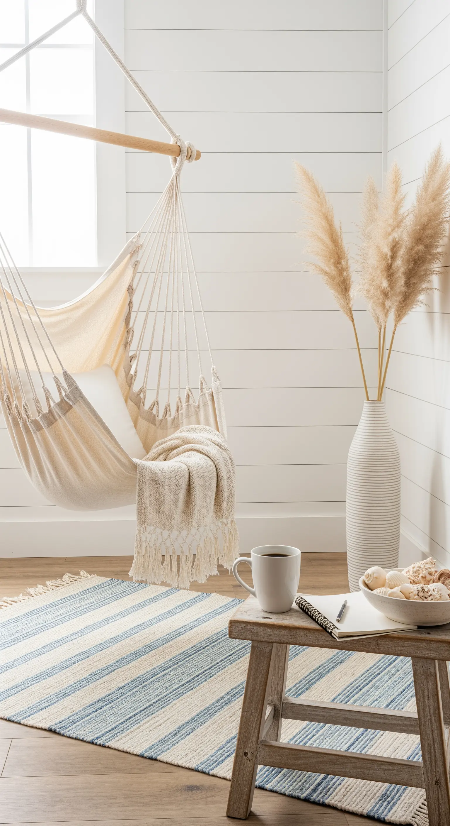 Helle Leseecke im Coastal-Boho-Stil mit Hängesessel, Pampasgras und blau-weißem Teppich.