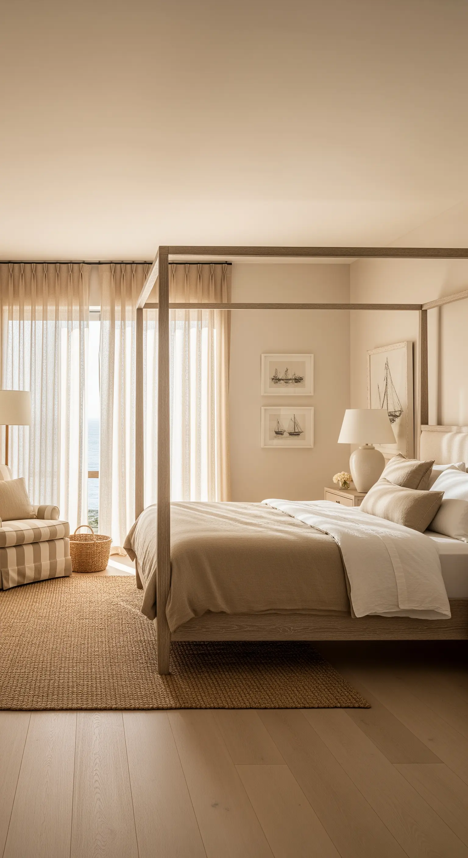 Helles Schlafzimmer mit Himmelbett aus Holz, transparenten Vorhängen und Jute-Teppich.