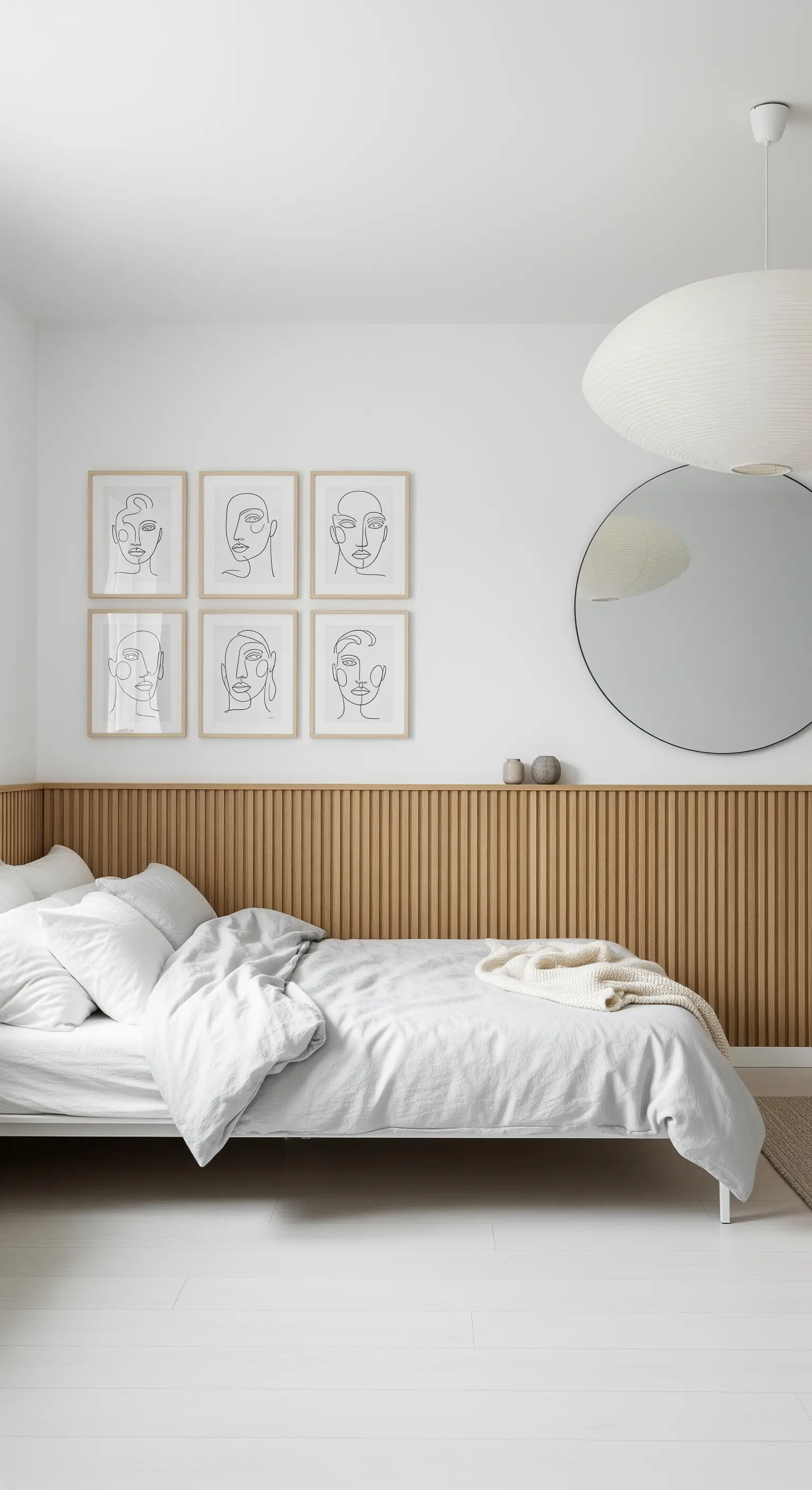 Skandinavisches Schlafzimmer mit Holzlattenwand und einer Galerie aus Line-Art-Porträts.