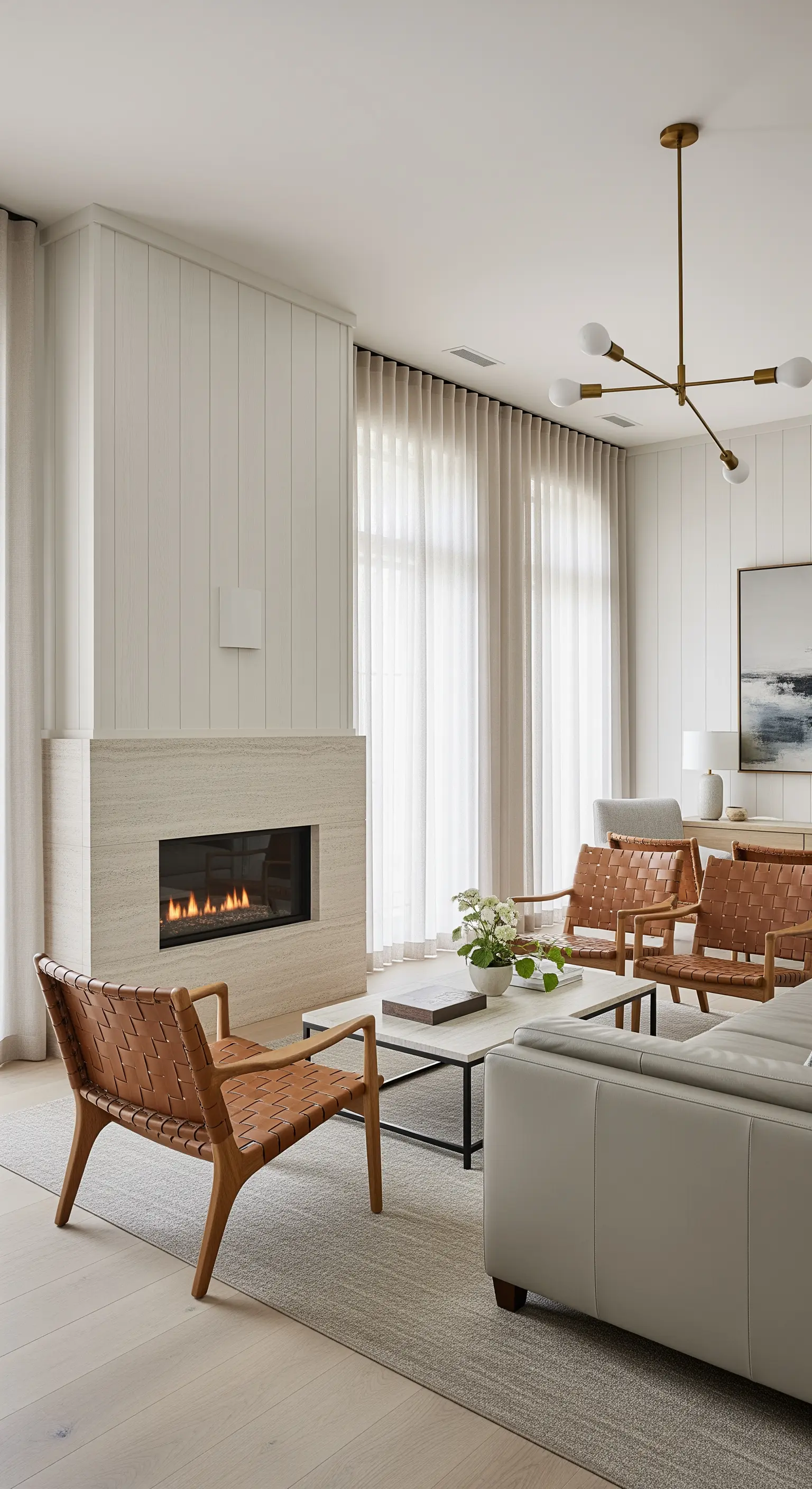 Helle Kaminlounge im Skandi-Stil mit Stühlen aus geflochtenem Leder.