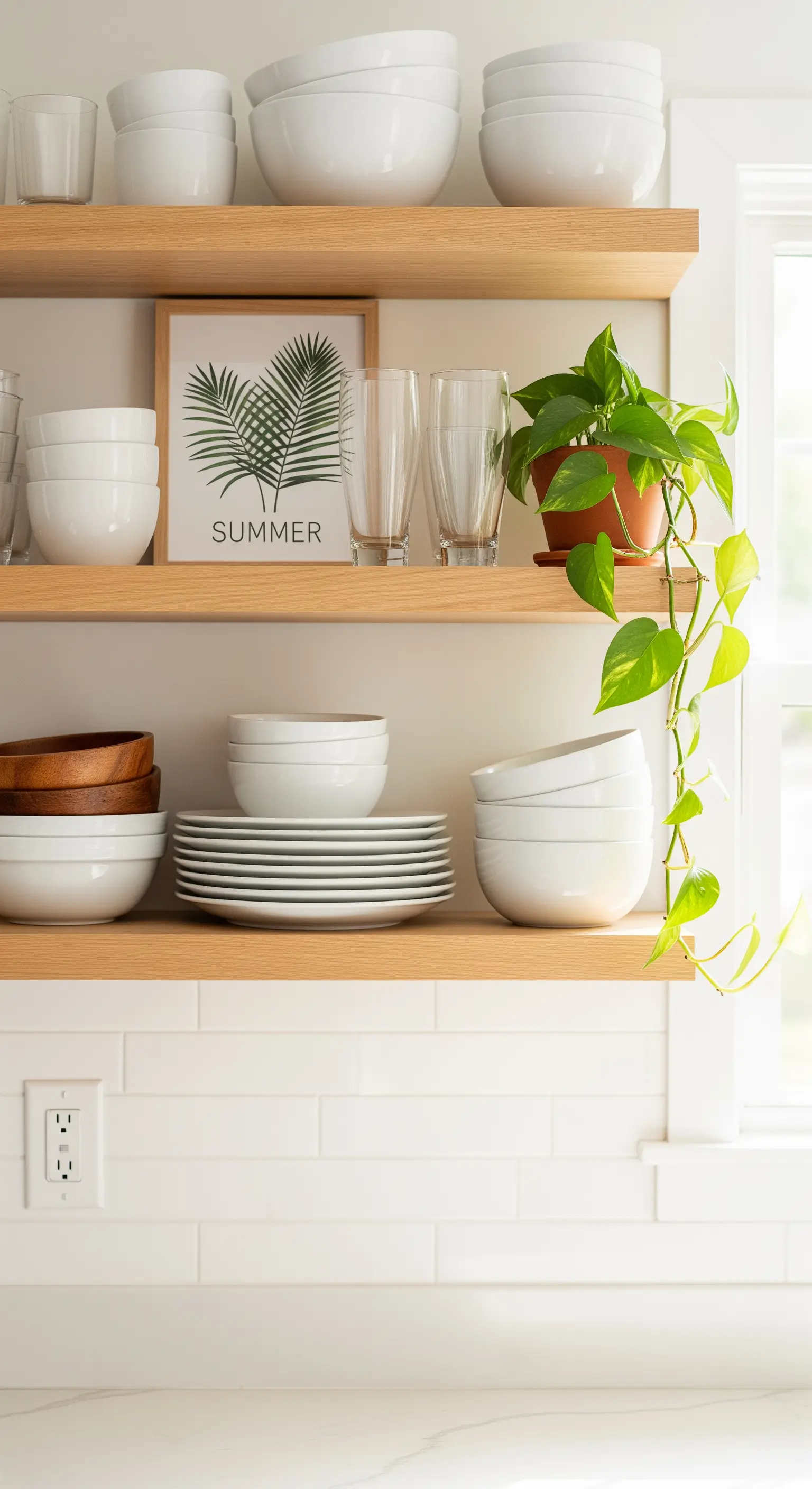 Offene Küchenregale mit weißem Geschirr und Sommer-Print