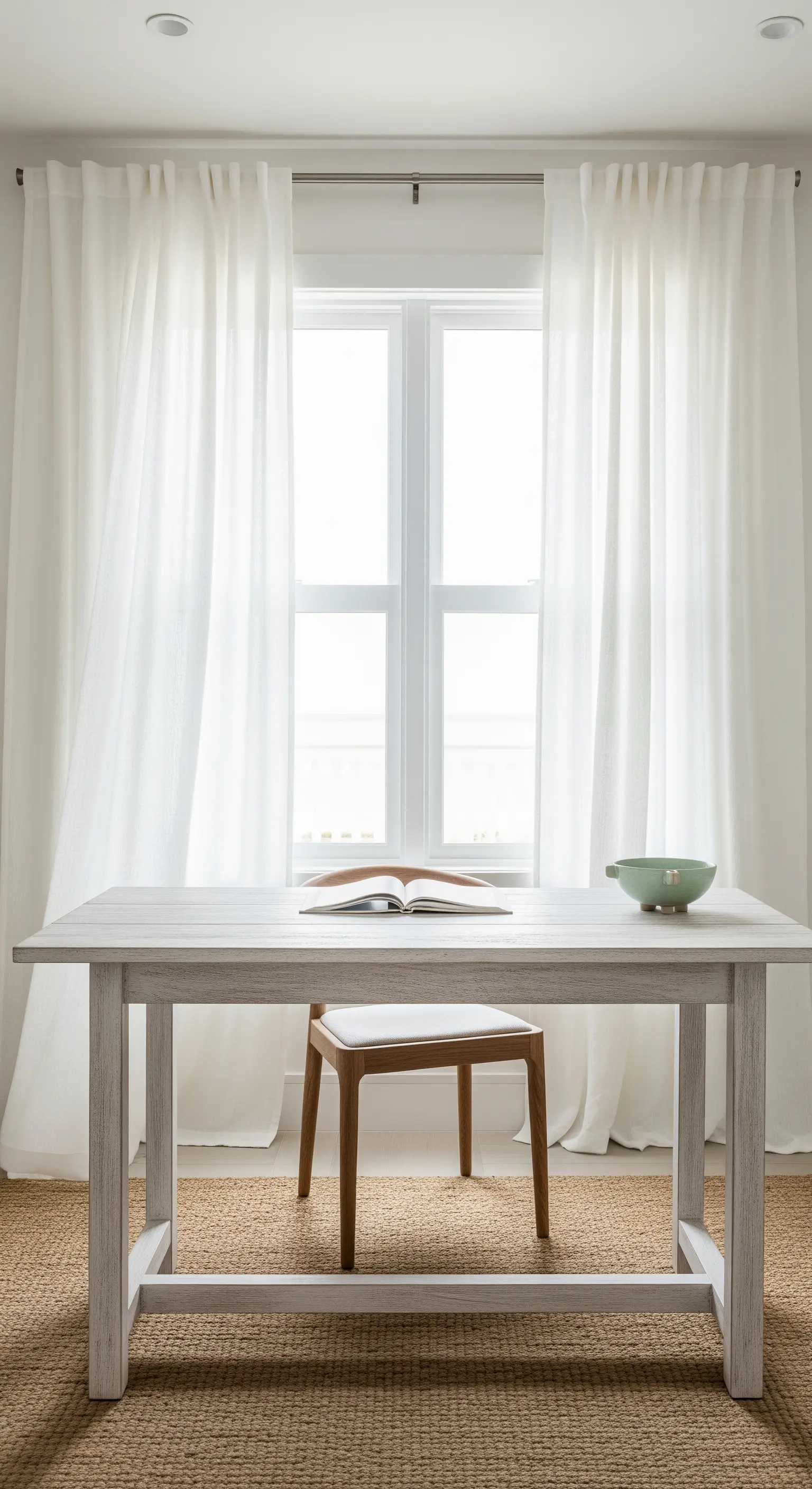 Weißer Holztisch vor einem Fenster mit wehenden weißen Vorhängen auf einem Jute-Teppich.